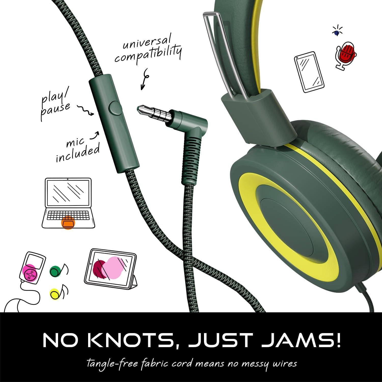 MYZI Kids Headphones with Cord, Foldable Over Ear Headphones for Kids with Microphone, Tangle-Free Wired 85dB Safe Volume Toddler Headphones for iPad, School, and Airplane – Green