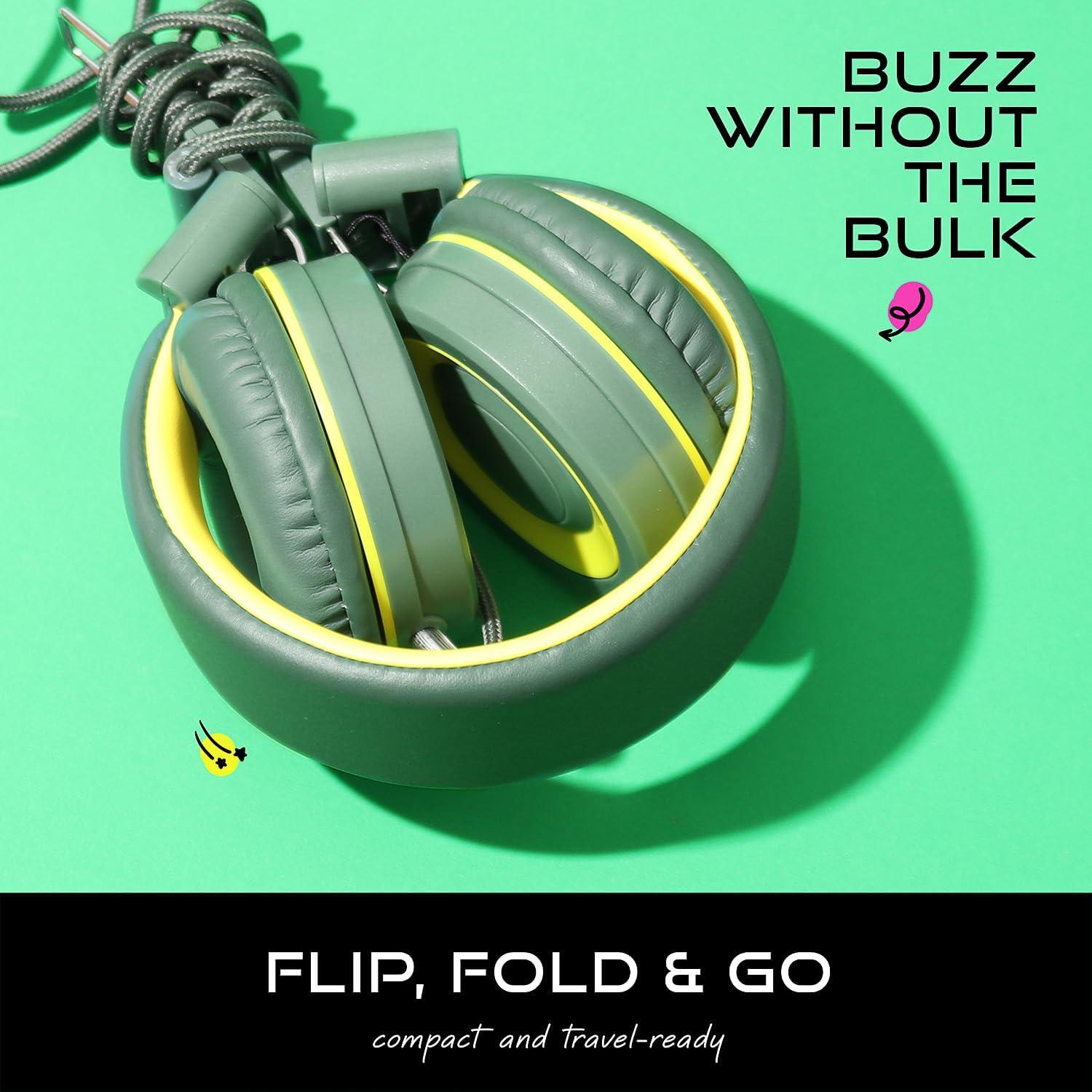 MYZI Kids Headphones with Cord, Foldable Over Ear Headphones for Kids with Microphone, Tangle-Free Wired 85dB Safe Volume Toddler Headphones for iPad, School, and Airplane – Green