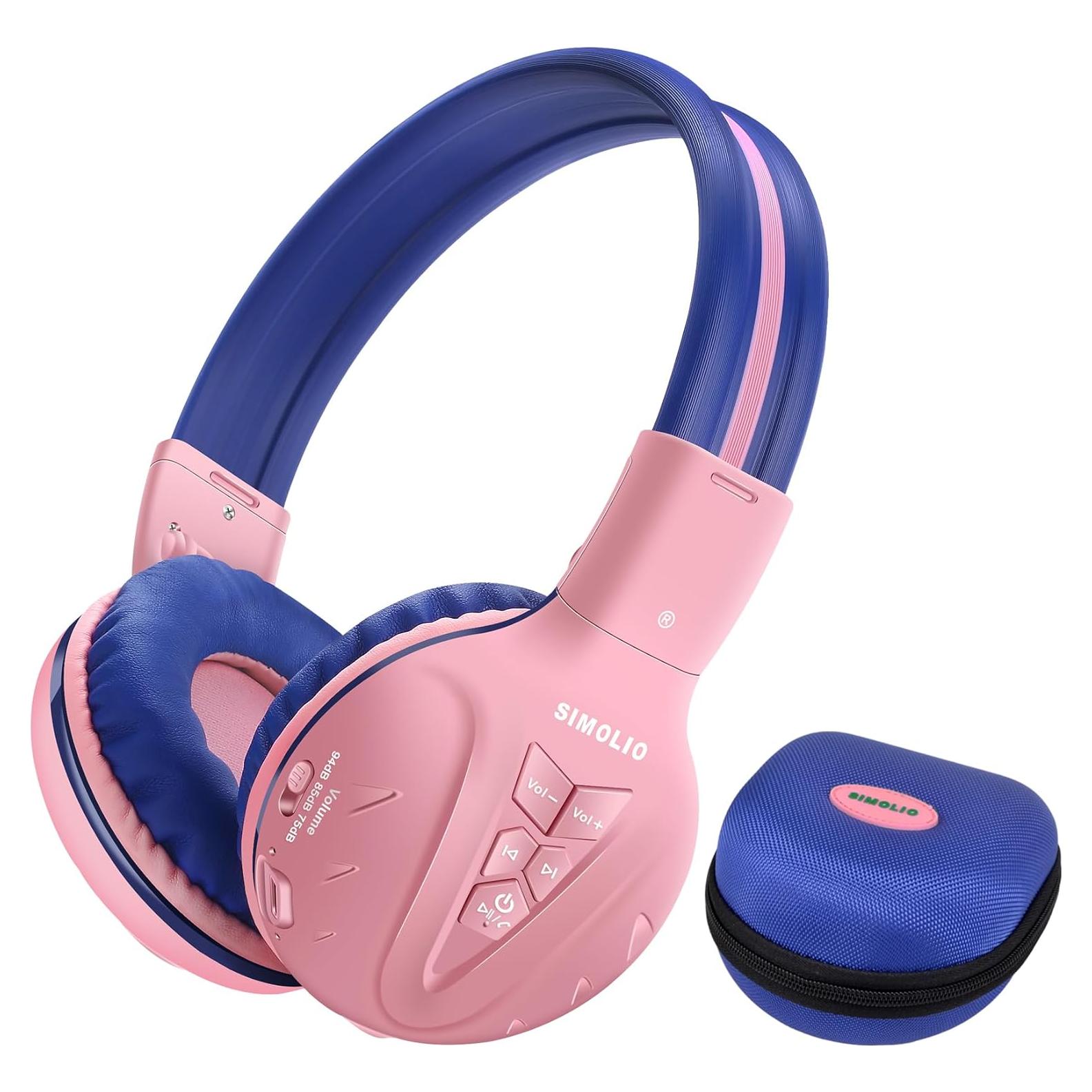 SIMOLIO Kids Wireless Headphones Girls with Volume Limited, Bluetooth Headphones with Microphone, Foldable and Adjustable, Stereo Wireless Over-Ear Headset for Children iPad Kindle Fire Tablet Pink