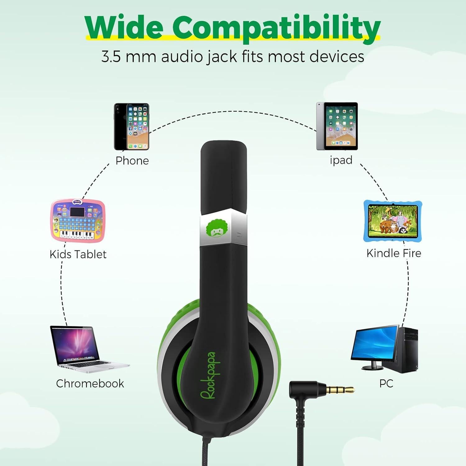 Auriculares Rockpapa HS20 con Cable para Niños Verde 3.5mm