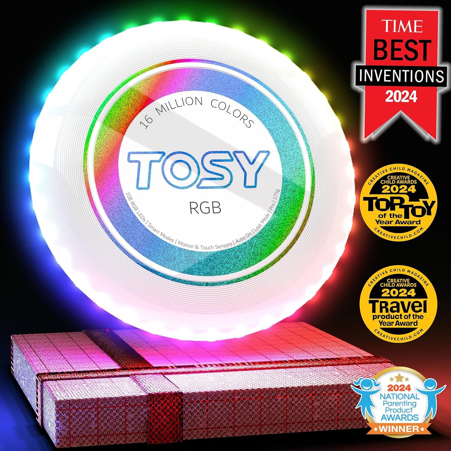 TOSY Flying Disc - 16 Million Colors RGB or 36 LEDs, Extremely Bright, Smart Modes, 4th of July Camping Essentials for Teens/Kids/Adults/Men/Boys/Girls, Auto Light Up, Rechargeable, Waterproof, 175g