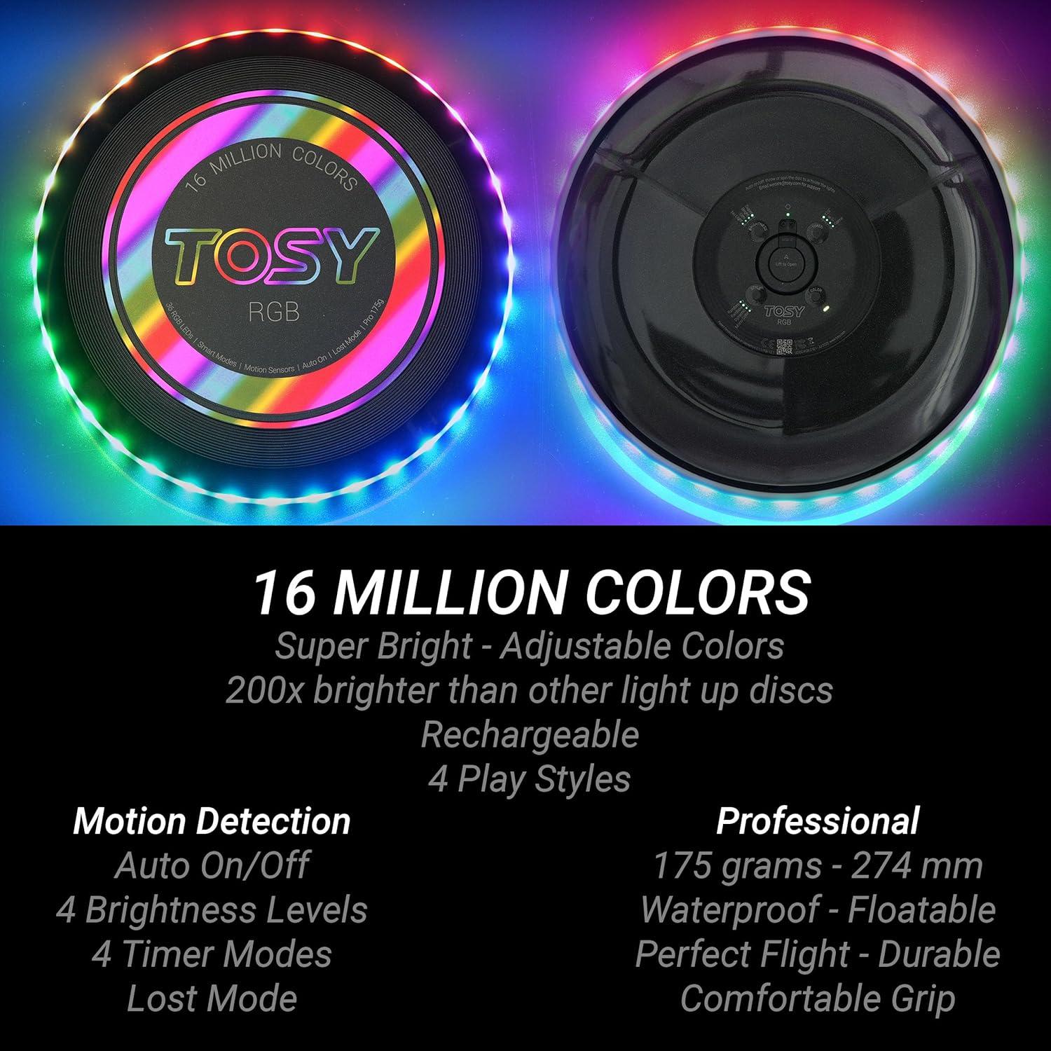 TOSY Flying Disc - 16 Million Colors RGB or 36 LEDs, Extremely Bright, Smart Modes, 4th of July Camping Essentials for Teens/Kids/Adults/Men/Boys/Girls, Auto Light Up, Rechargeable, Waterproof, 175g