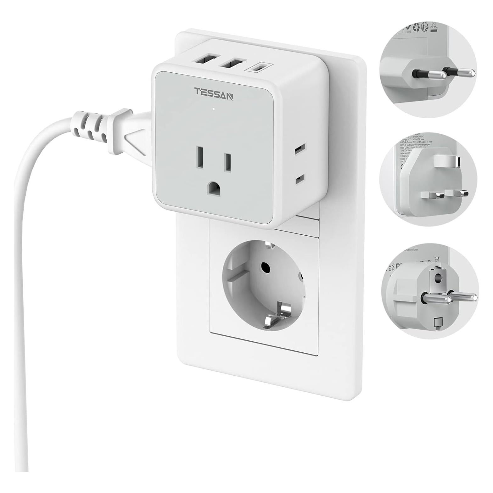 Adaptador de Enchufe Universal TESSAN con 3 USB y 3 Salidas AC