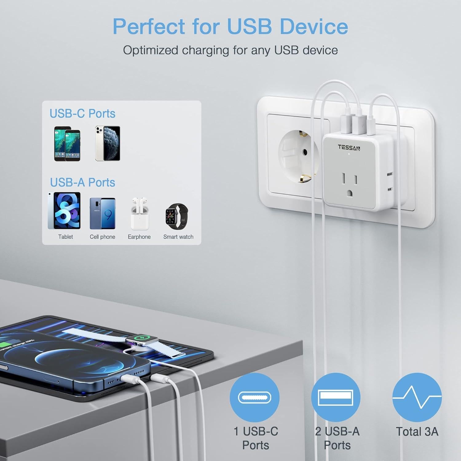 Adaptador de Enchufe Universal TESSAN con 3 USB y 3 Salidas AC