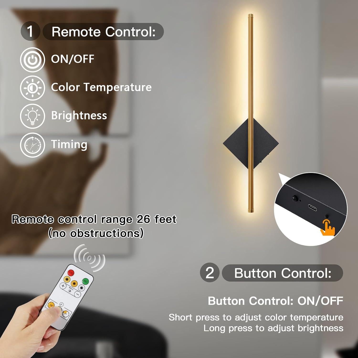 Aplique de Pared Inalámbrico KOPNKMEN 60 cm Dorado y Negro