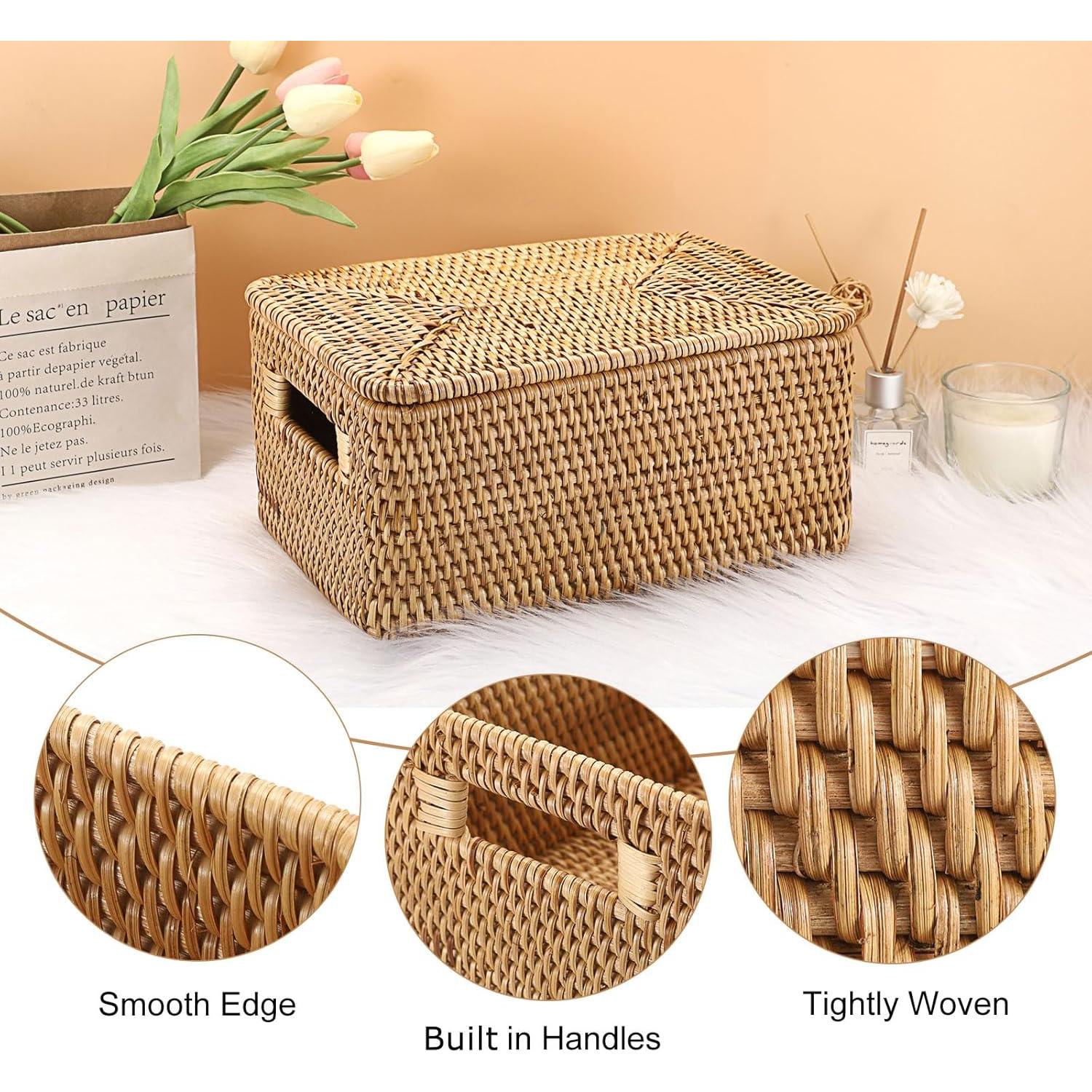 Cesta de Ratan Hipiwe Rectangular con Tapa 30.5x20.1x15cm