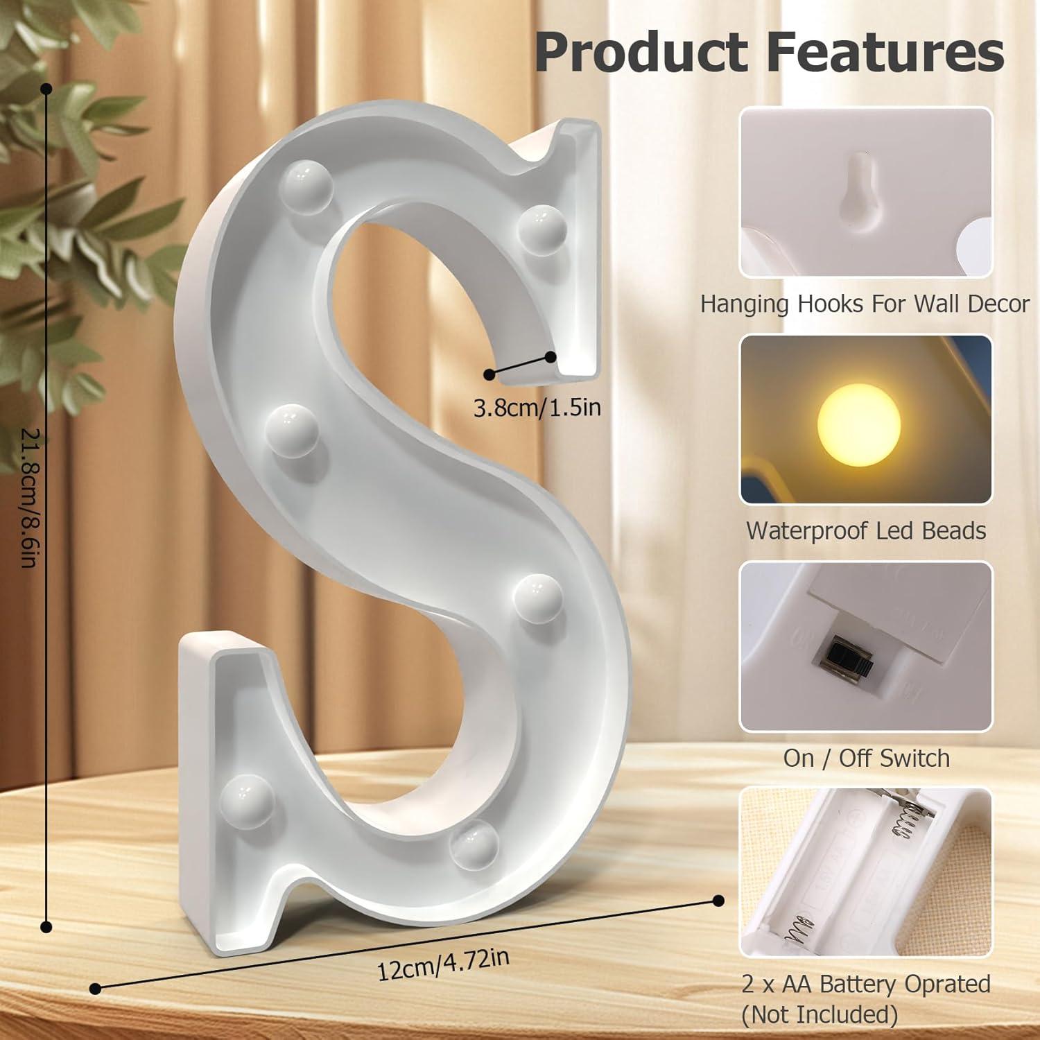 Marquee Letters S, Led Letter Lights, 26 Alphabet Battery Powered LED Light Up Name Sign, Decorative Lighted Standing Letters for Graduation Party Night Light Wedding Birthday Room Bar Wall Decor