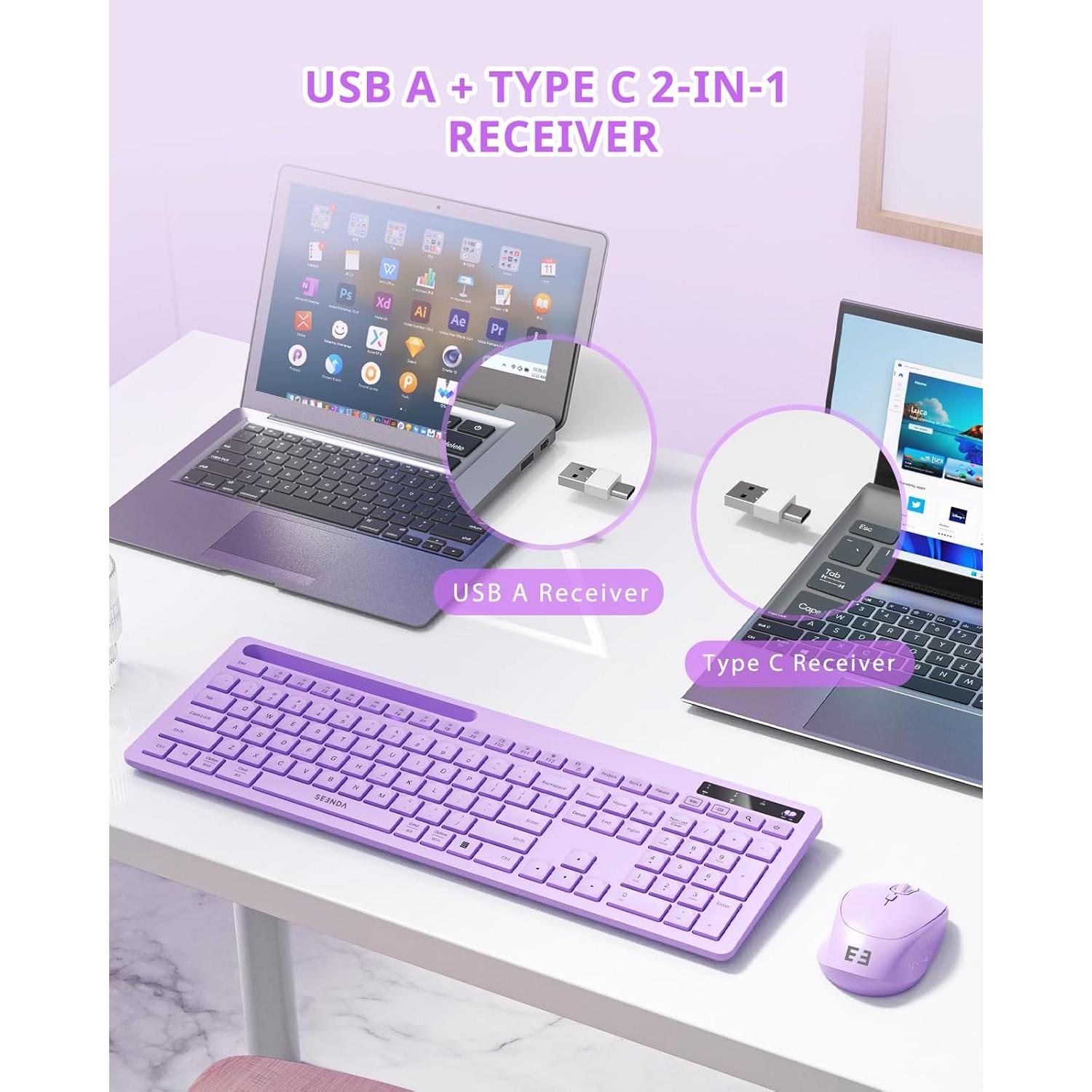 Combo Teclado y Ratón Inalámbricos Seenda Morado con Soporte