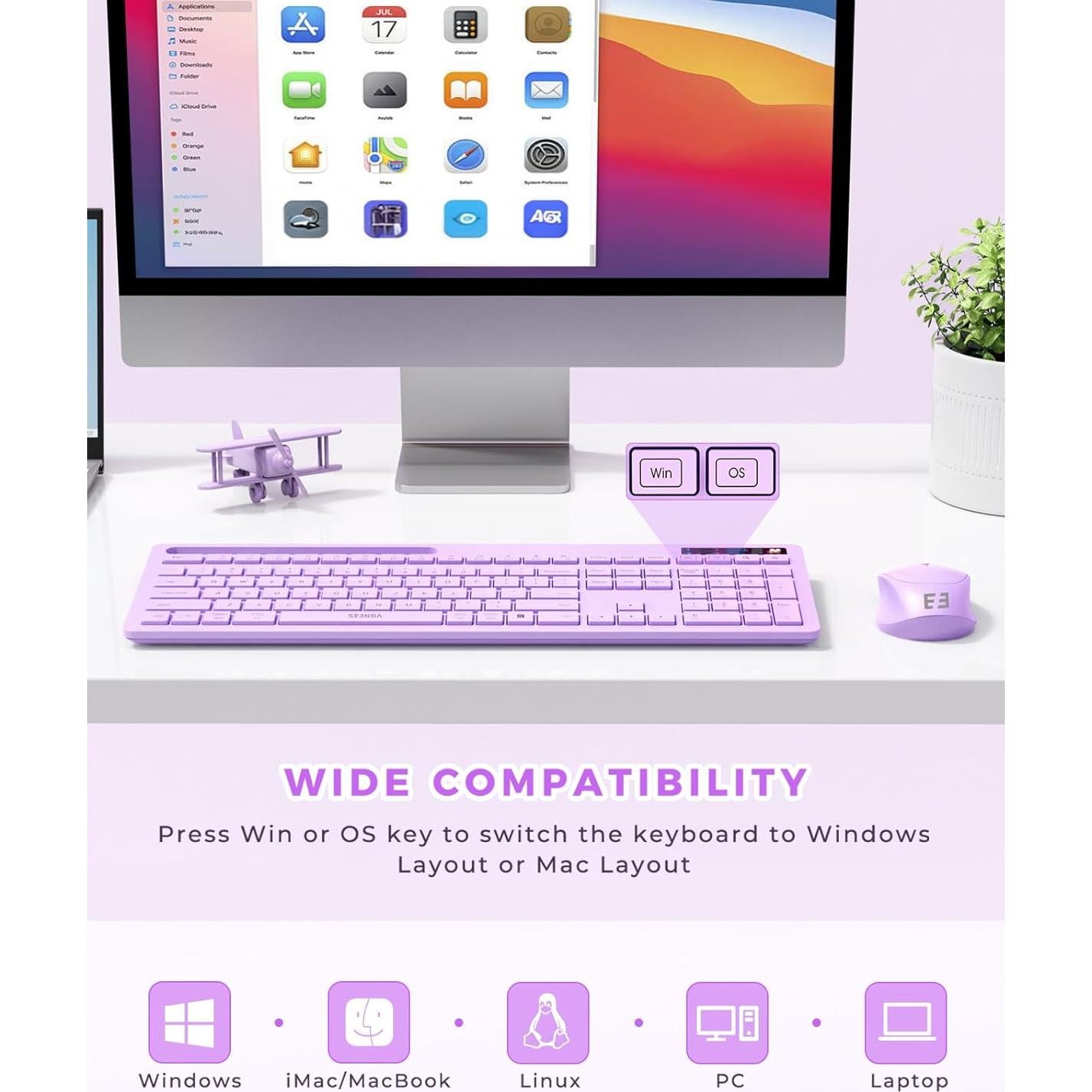 Combo Teclado y Ratón Inalámbricos Seenda Morado con Soporte