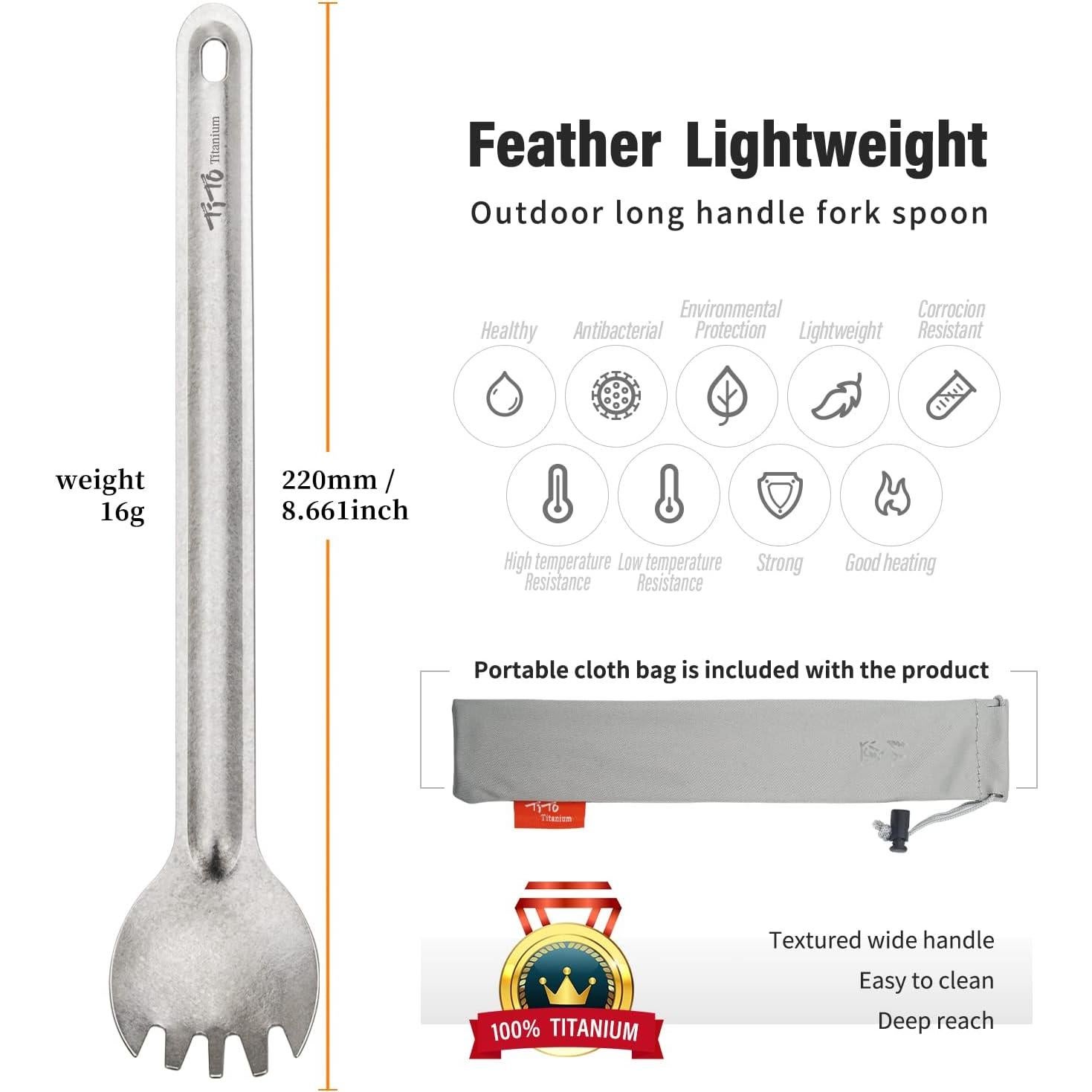 Spork de Titanio TiTo Ecológico Mango Largo 2 Piezas