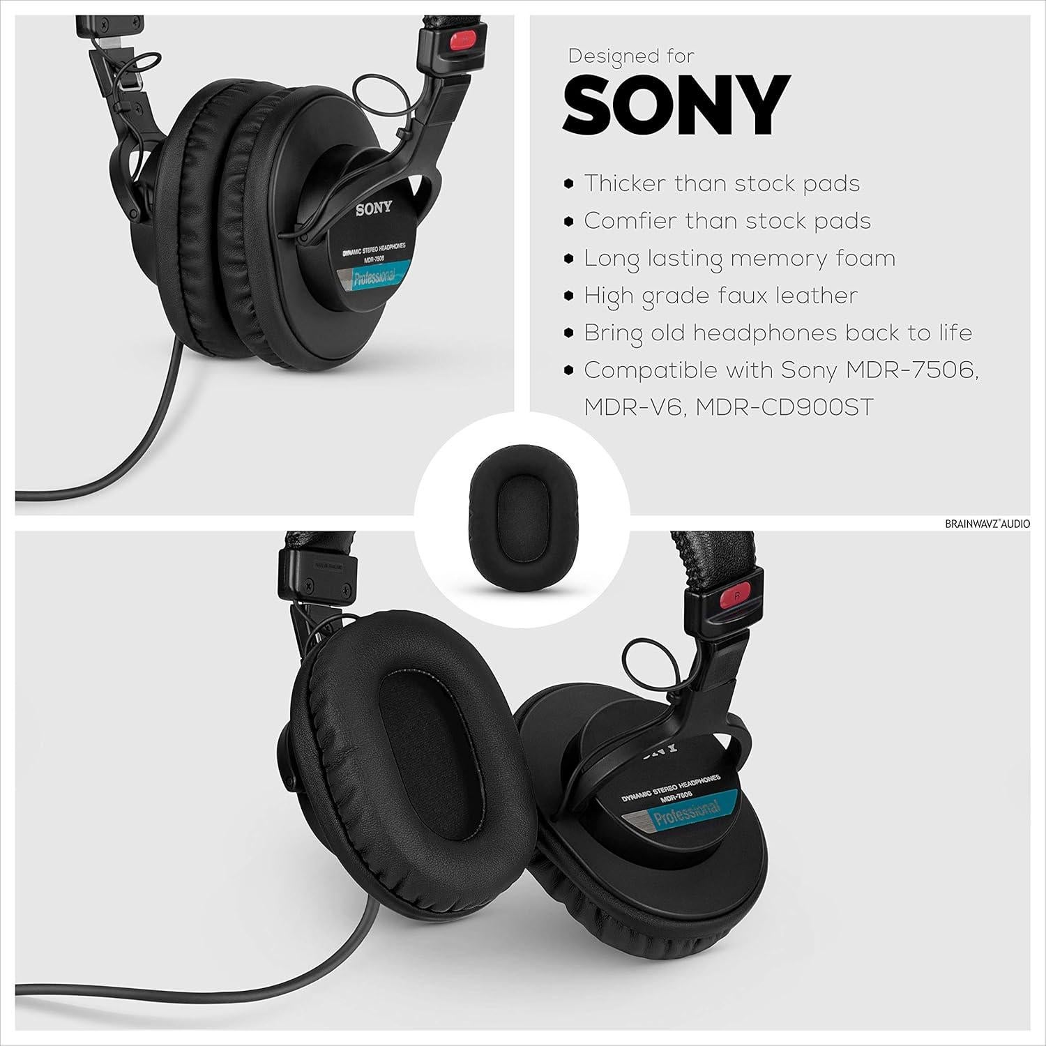 Brainwavz Replacement Earpads for Sony MDR 7506 Headphones - Quality Vegan Leather, Memory Foam Comfort, Long Lasting & Durable, Also Works with Headphones Like Steelseries Arctis, ATH-M50X & More