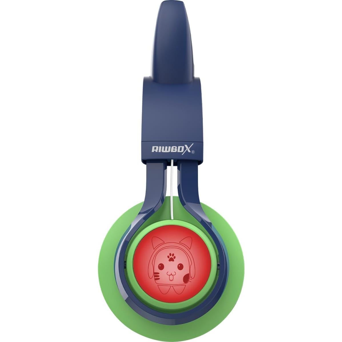 Riwbox Kids Headphones, CT-7S Cat Ear Bluetooth Headphones with LED Light, 85dB Volume Limiting, Over Ear with Microphone for Laptop/PC/TV (Green&Navy Blue)