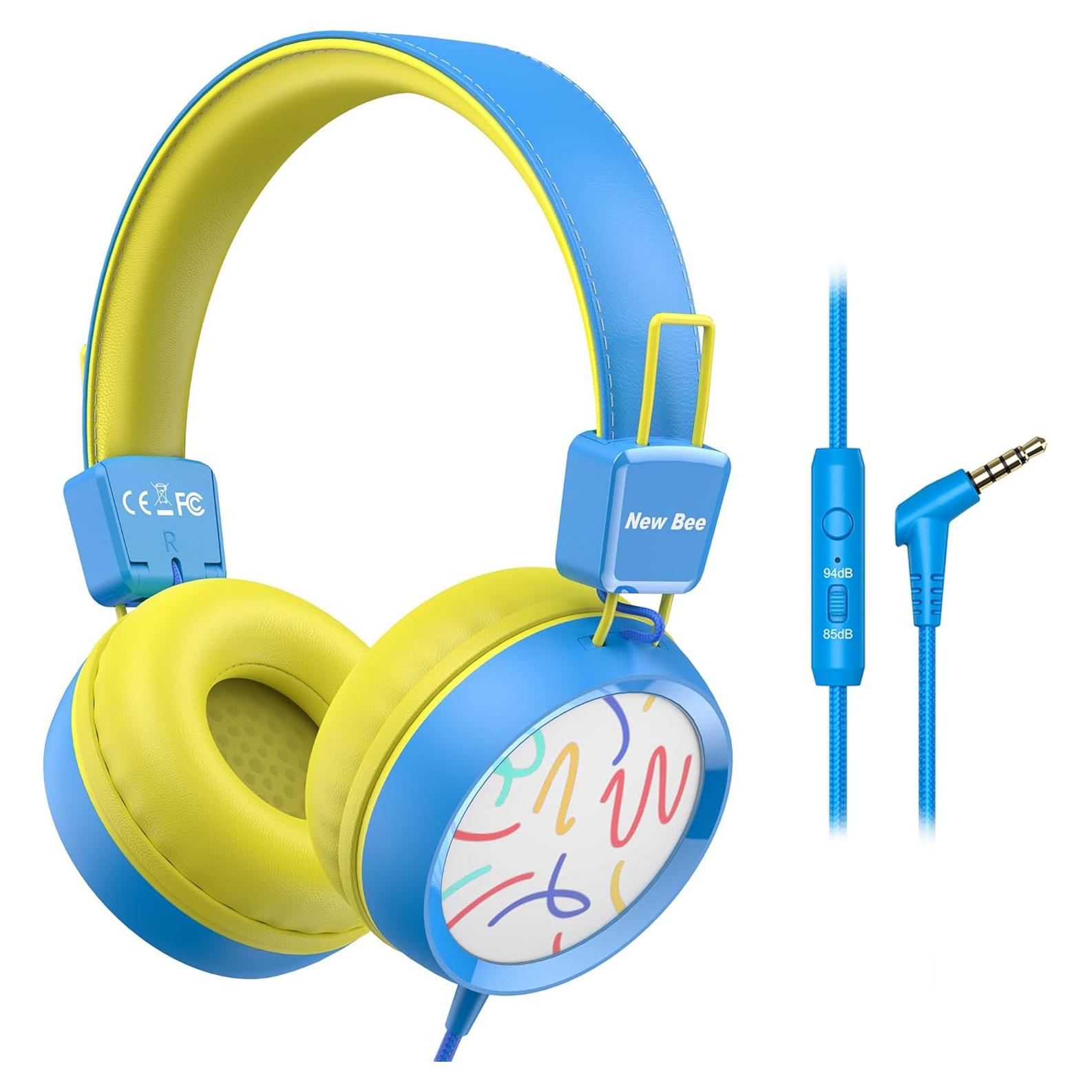 New bee Kids Headphones for School with Microphone KH20 HD Stereo Safe Volume Limited 85dB/94dB Foldable Lightweight On-Ear Headphone for PC/Mac/Android/Kindle/Tablet/Pad(Blue)