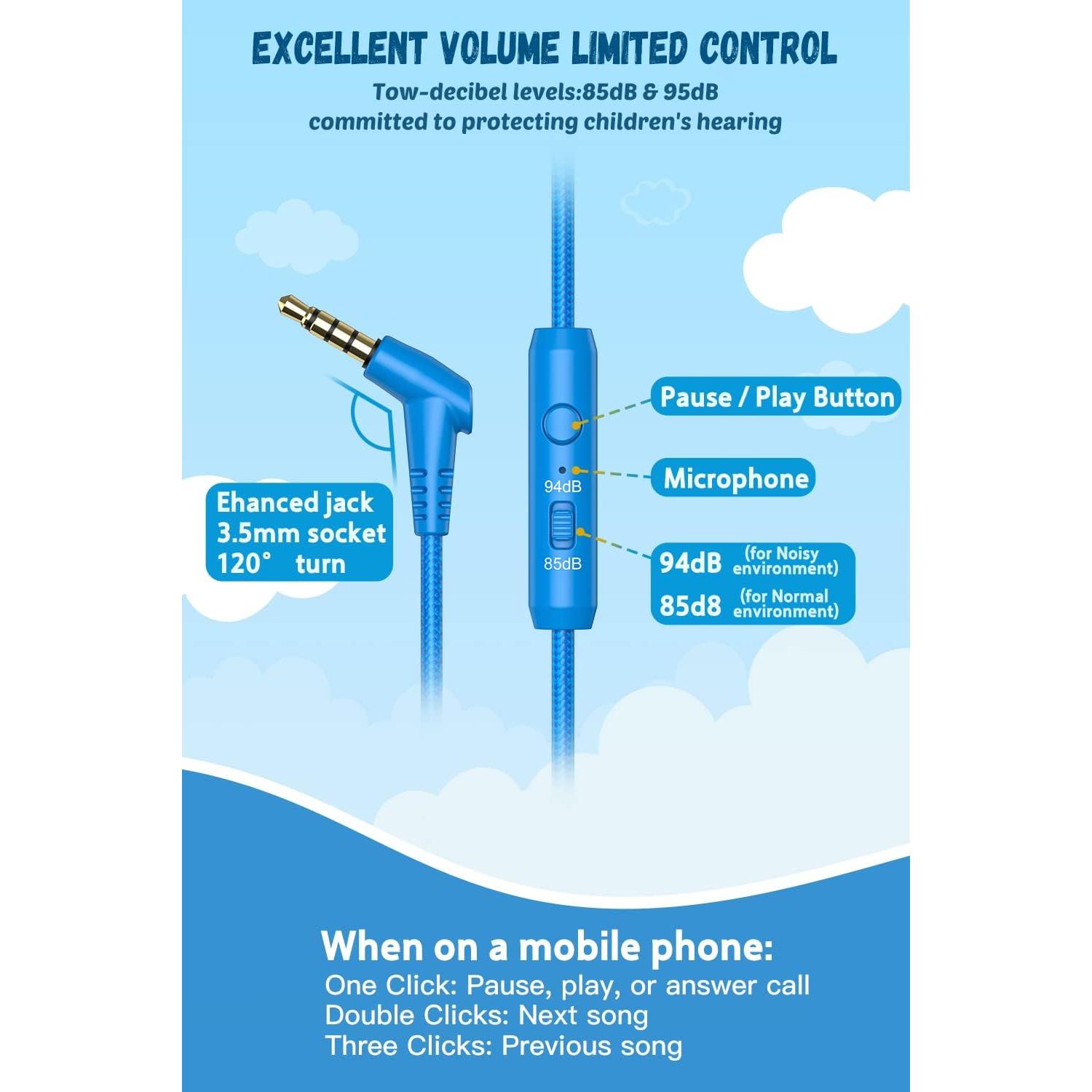 New bee Kids Headphones for School with Microphone KH20 HD Stereo Safe Volume Limited 85dB/94dB Foldable Lightweight On-Ear Headphone for PC/Mac/Android/Kindle/Tablet/Pad(Blue)