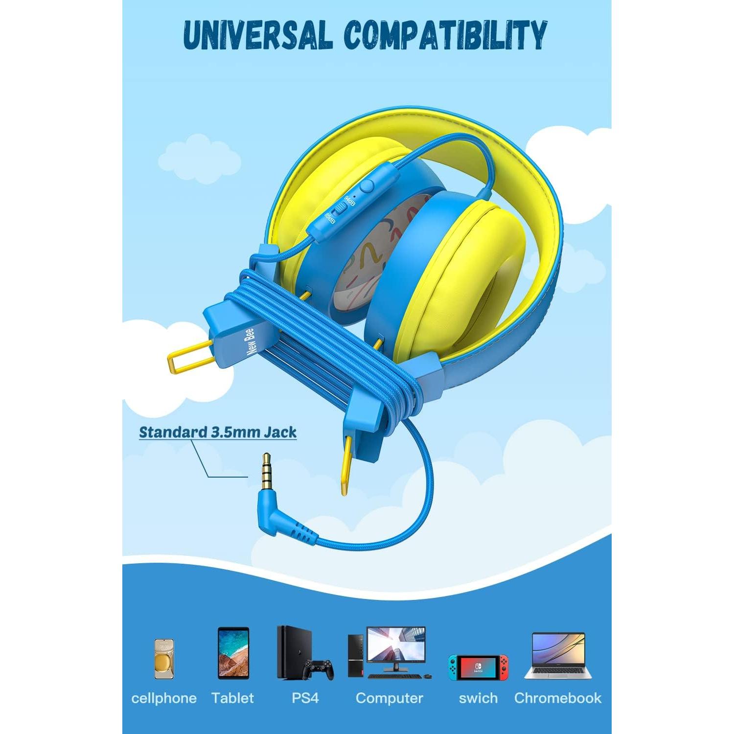 New bee Kids Headphones for School with Microphone KH20 HD Stereo Safe Volume Limited 85dB/94dB Foldable Lightweight On-Ear Headphone for PC/Mac/Android/Kindle/Tablet/Pad(Blue)