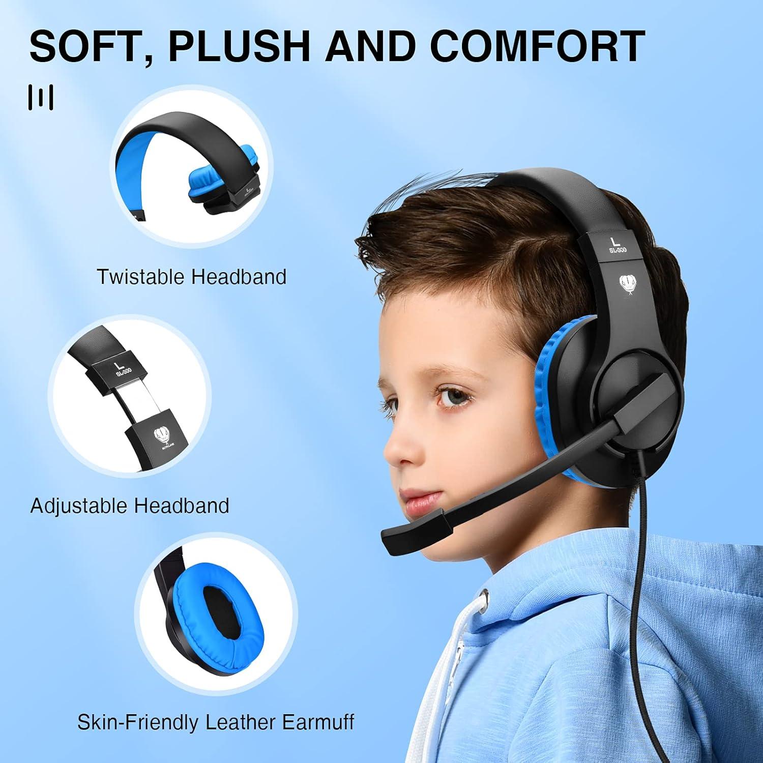 ShinePick Kids Headphones, Over-Ear Girls Boys Gaming Headphones with Microphone and Volume Control for Kids Teens Online School, Travel（Blue）