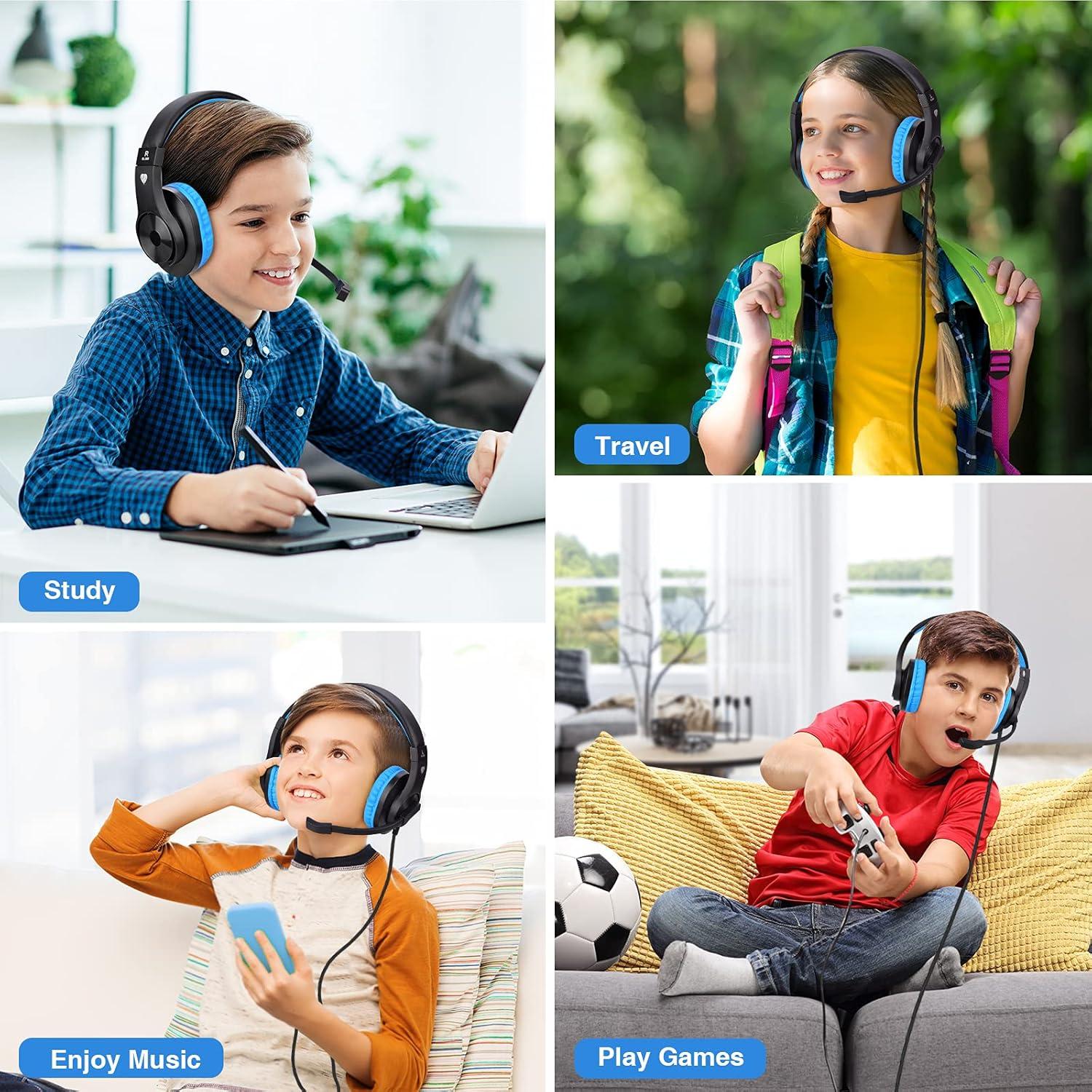 ShinePick Kids Headphones, Over-Ear Girls Boys Gaming Headphones with Microphone and Volume Control for Kids Teens Online School, Travel（Blue）