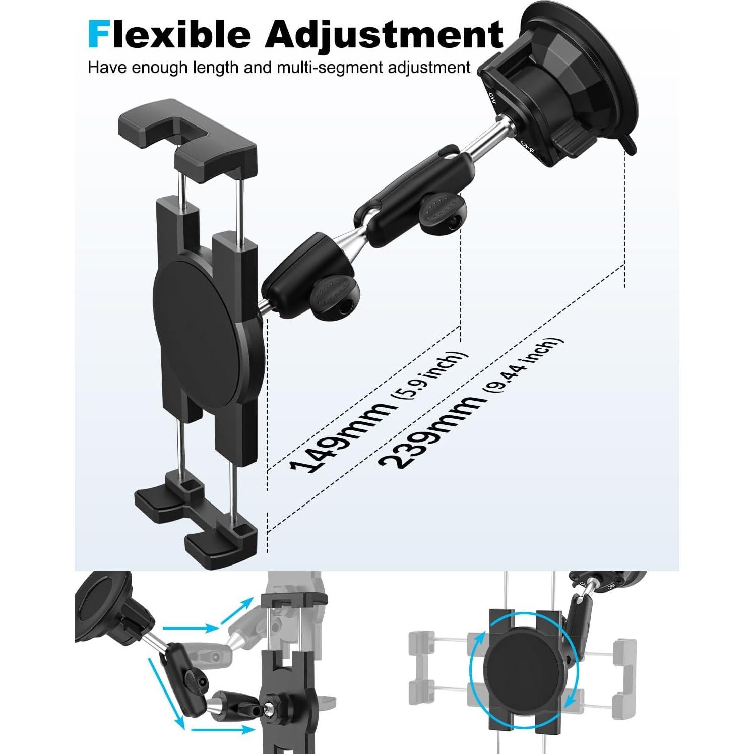 Metal Car Dashboard Windshield Tablet Mount for 4.7"-13" Phone & iPad - 360° Rotation Window Dash Tablet Holder, Compatible with iPad Pro/Air/Mini, Galaxy Tab, iPhone, TPU Suction Cup Sticky Gel & Pad