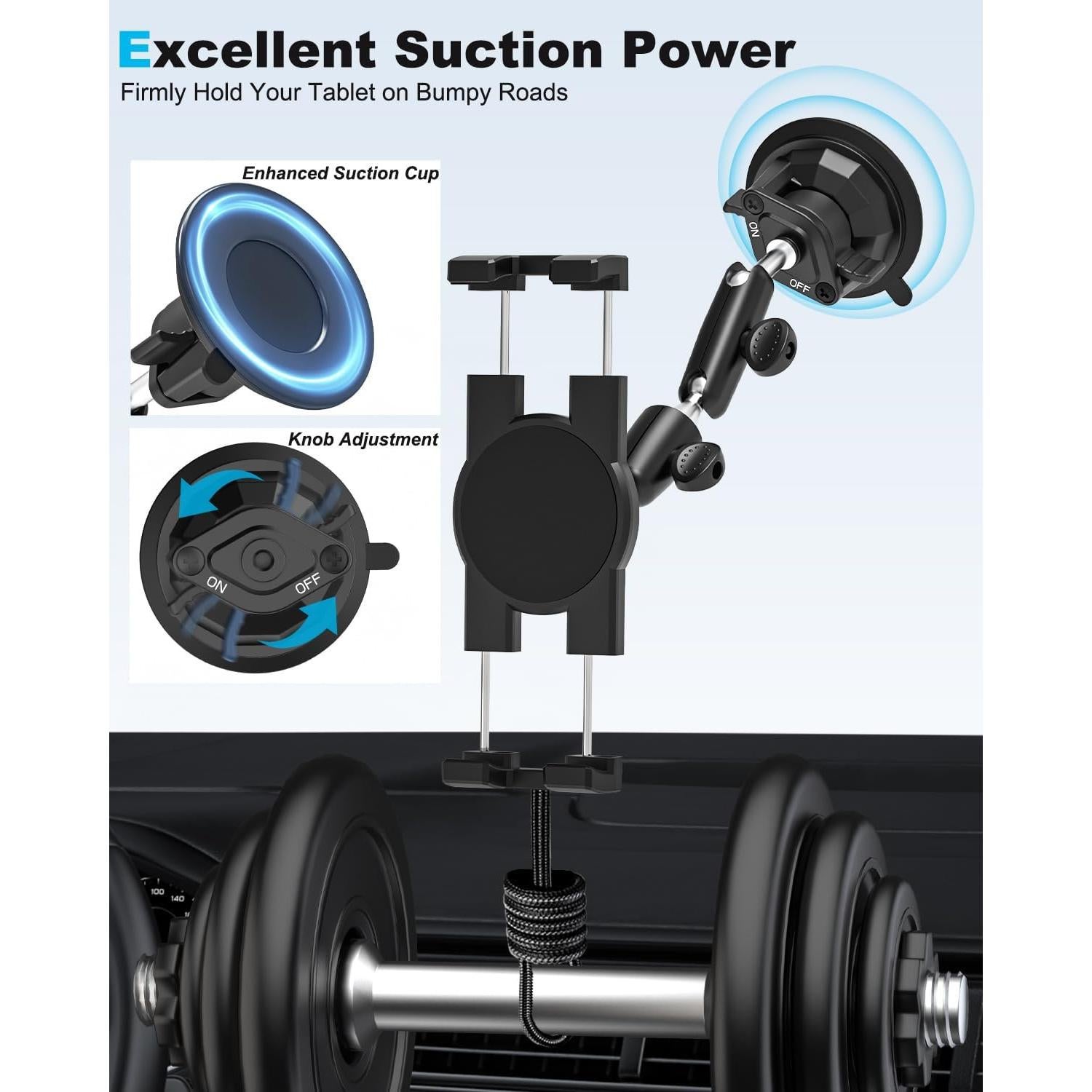 Metal Car Dashboard Windshield Tablet Mount for 4.7"-13" Phone & iPad - 360° Rotation Window Dash Tablet Holder, Compatible with iPad Pro/Air/Mini, Galaxy Tab, iPhone, TPU Suction Cup Sticky Gel & Pad