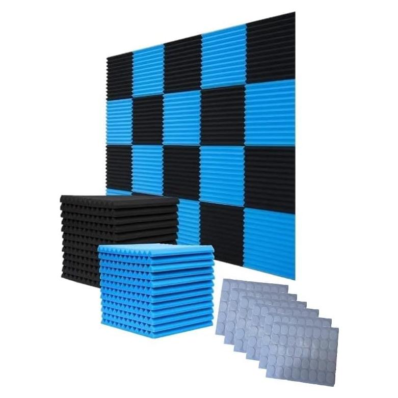 Paquete de 52 Paneles Acústicos Espuma 30x30x2.5cm Negro/Azul