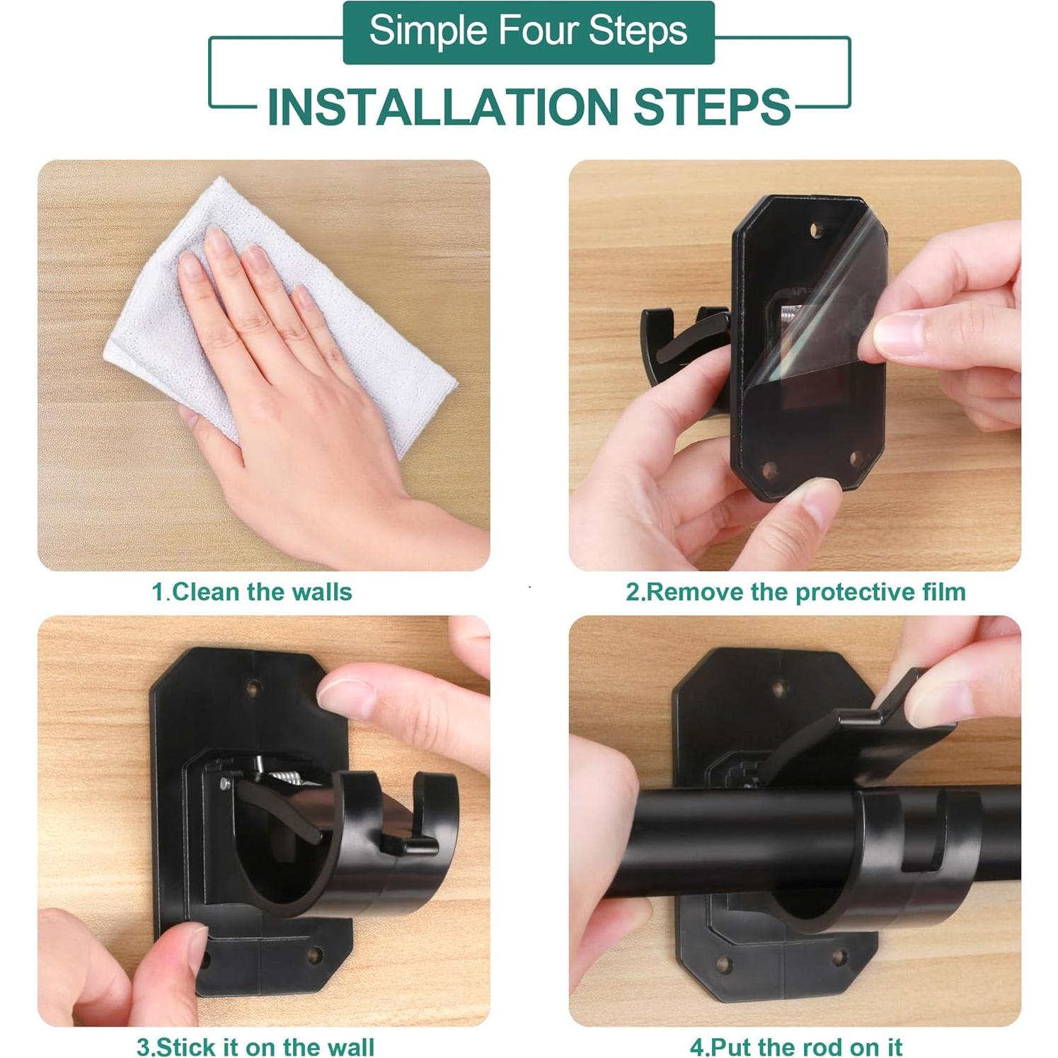 Soportes de Barra de Cortina Codoule 2PCS Negros Sin Perforación