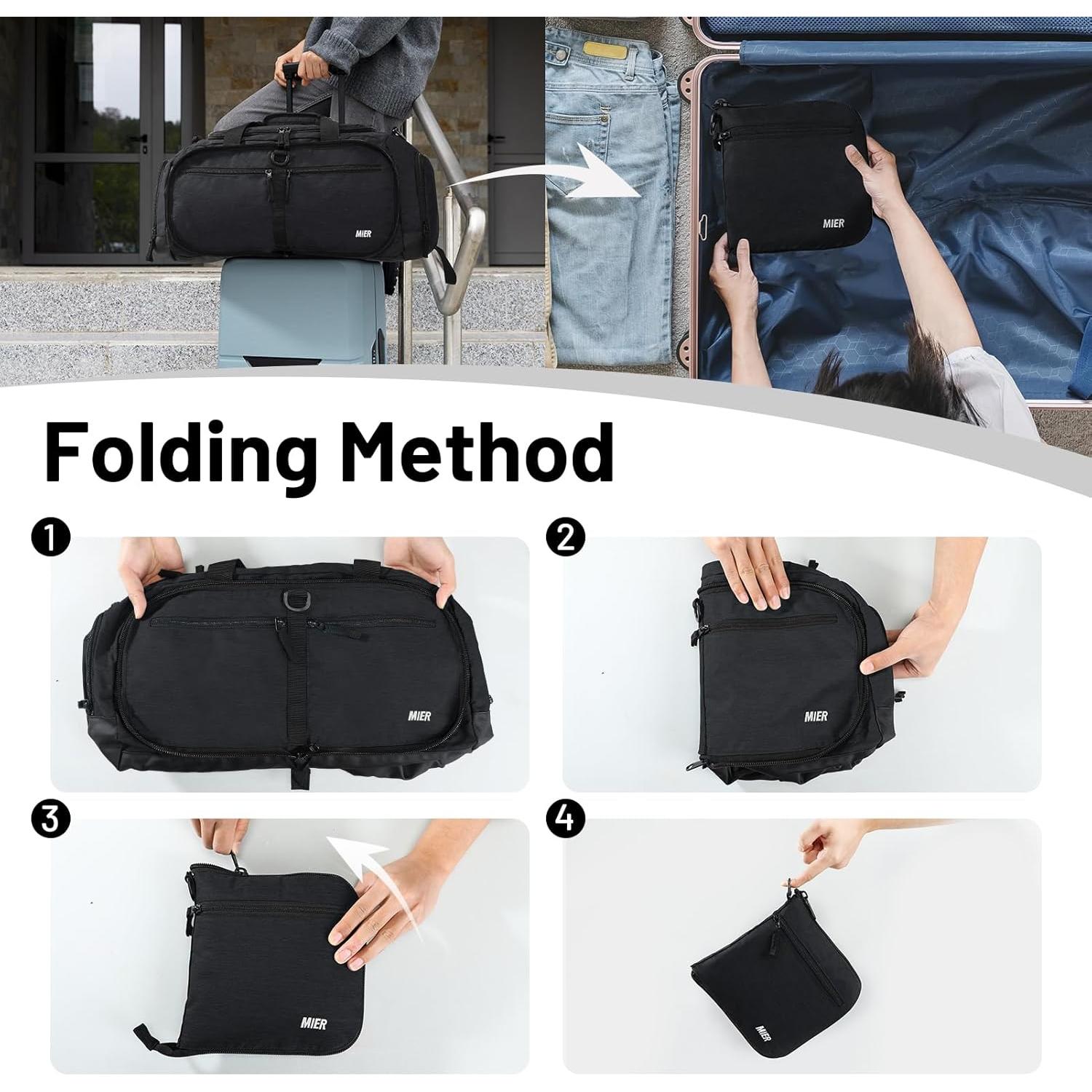 MIER Foldable Duffle Bag with Shoe Compartment 50L Travel Duffel Bags for Men Women Packable Overnight Bag for Camping Gym Weekender, Black