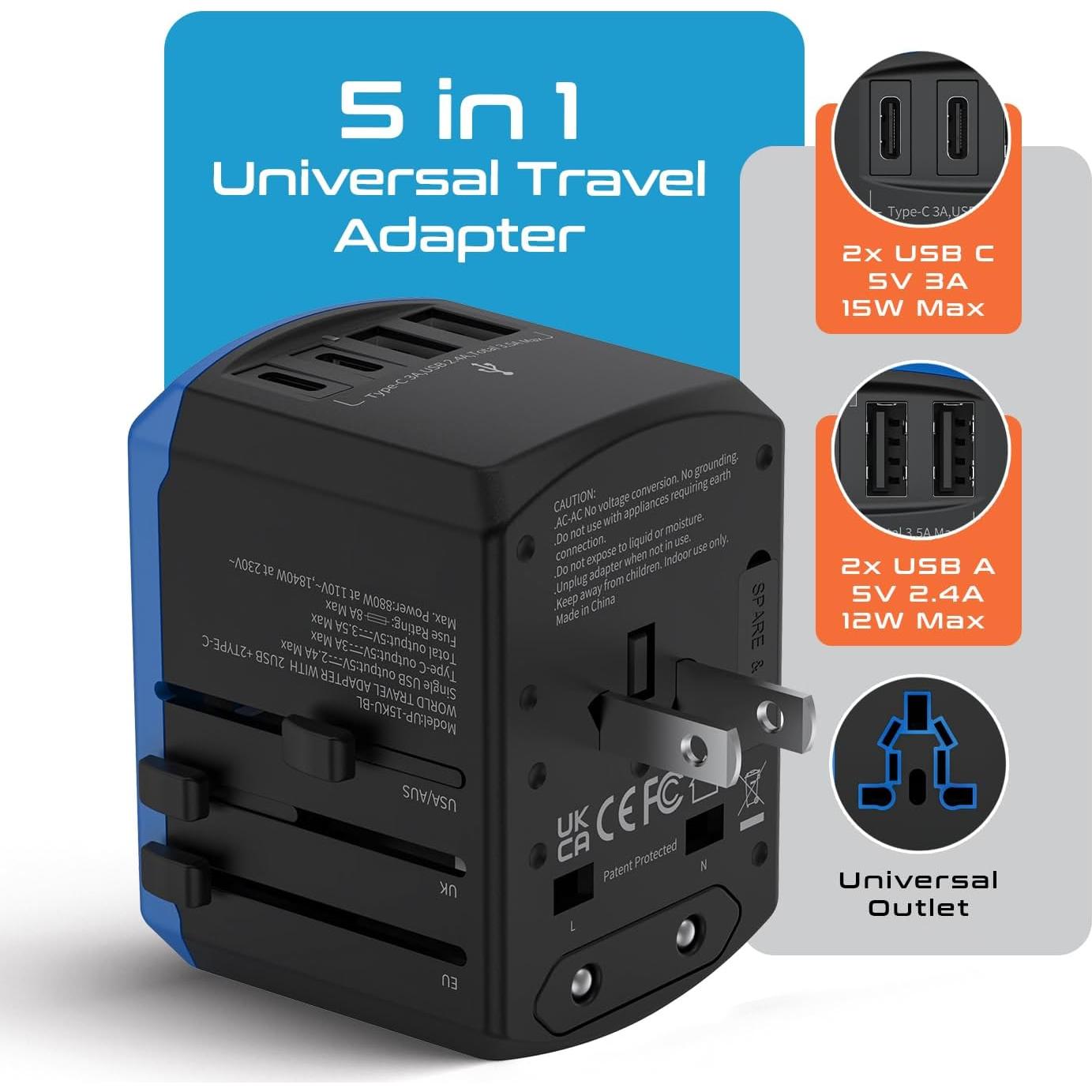 Adaptador de Viaje Universal Ceptics 5 en 1 con USB-C 3.5A