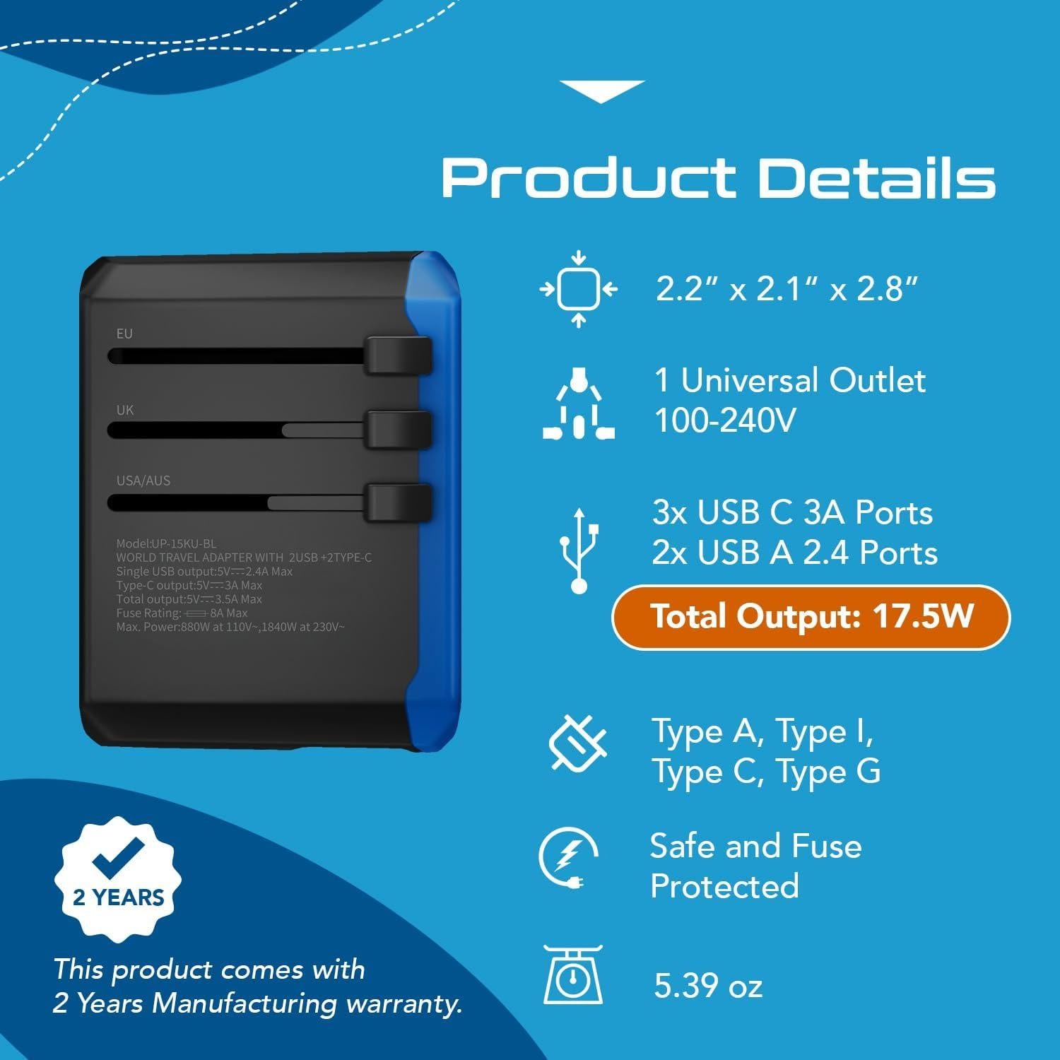 Adaptador de Viaje Universal Ceptics 5 en 1 con USB-C 3.5A