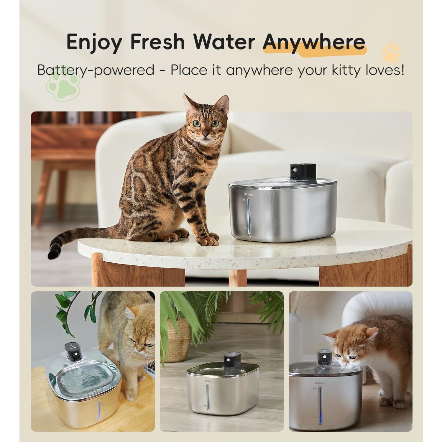 Fuente de Agua Inalámbrica WILKIEE para Gatos 4.1L Acero Inoxidable