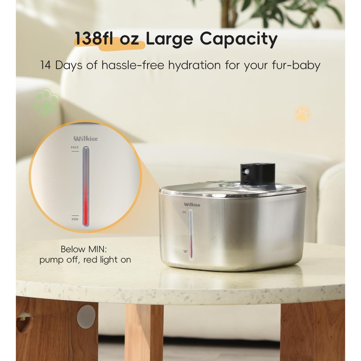 Fuente de Agua Inalámbrica WILKIEE para Gatos 4.1L Acero Inoxidable