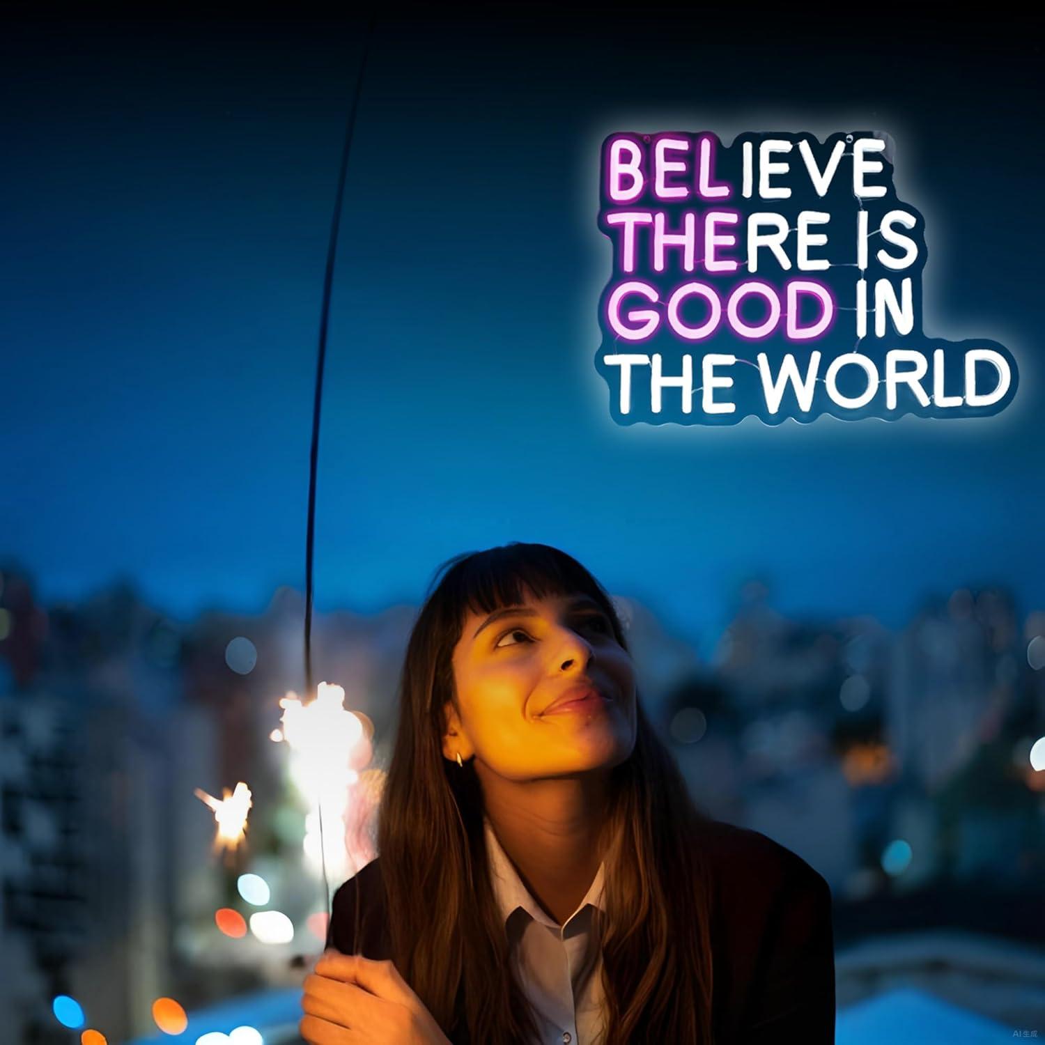 Letrero Neón LED Whfobfe Cree en un Buen Mundo 43x25cm