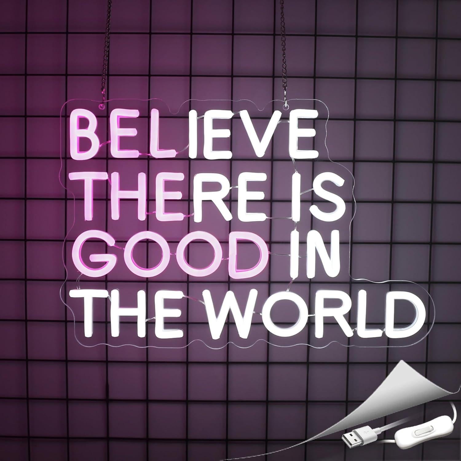Letrero Neón LED Whfobfe Cree en un Buen Mundo 43x25cm
