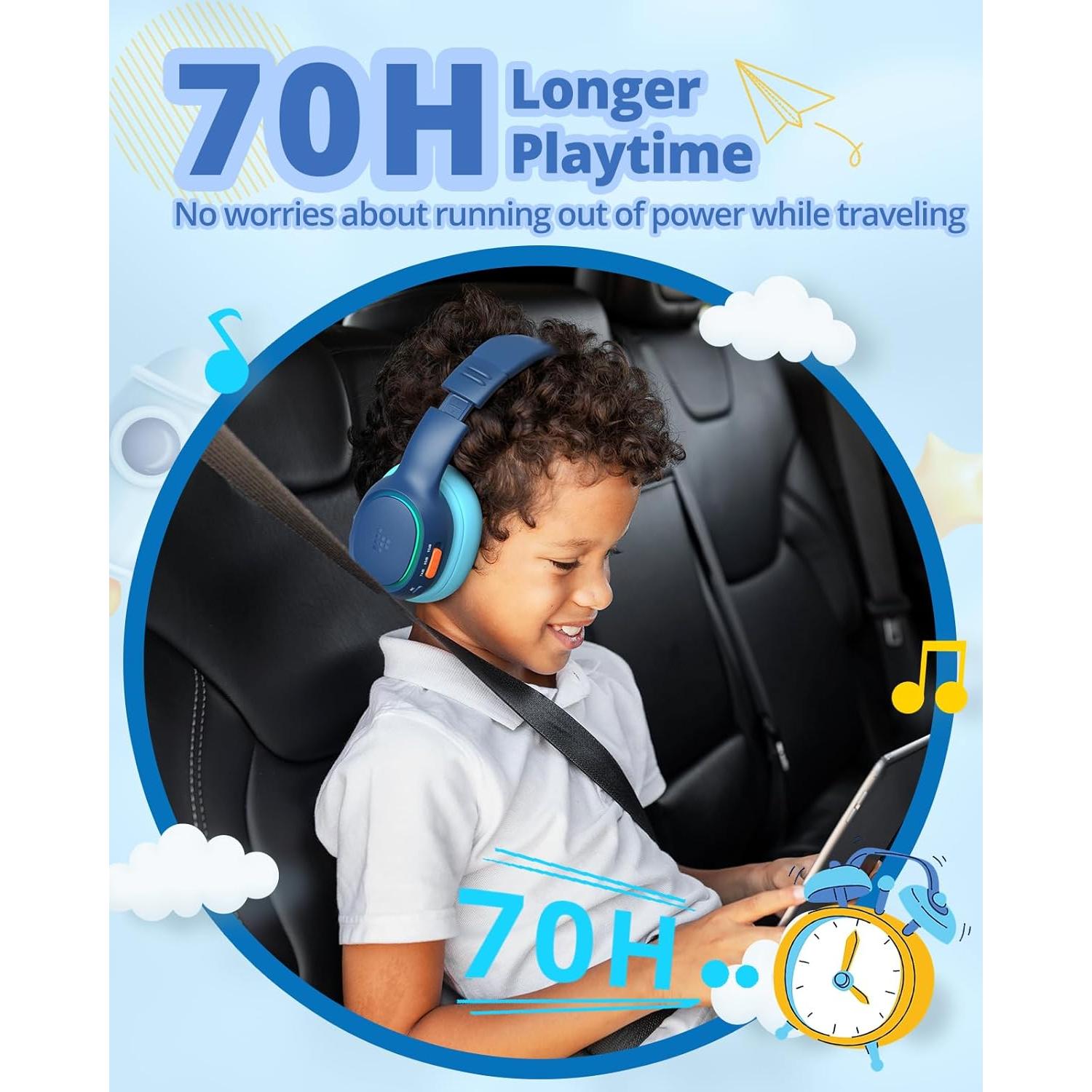 Tronsmart KH03 Kids Noise Cancelling Bluetooth Headphones, Safe Volume Control, Wireless Headphones with Light & Microphone, 70H Playtime, Built-in Audio Cable, for School/Travel/Airplane(Blue)