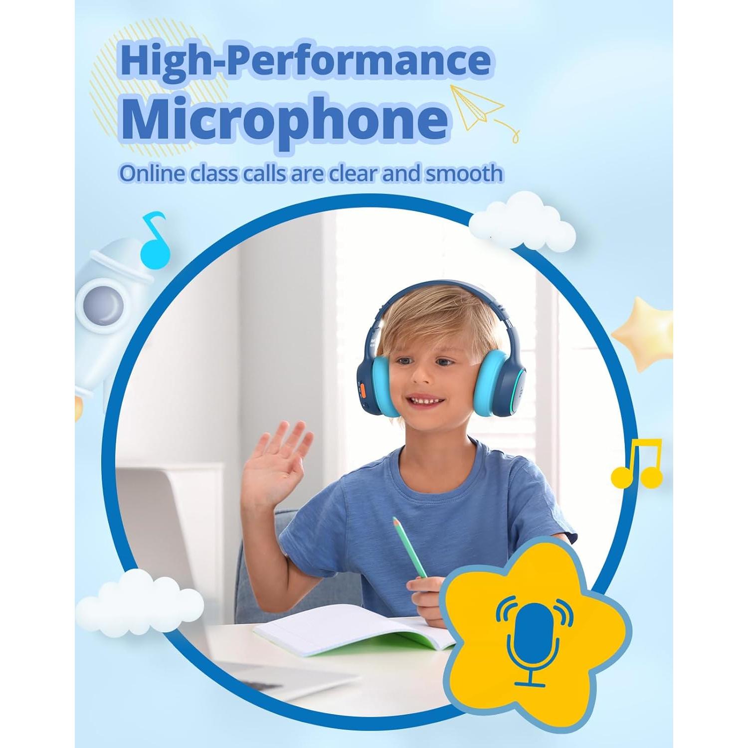 Tronsmart KH03 Kids Noise Cancelling Bluetooth Headphones, Safe Volume Control, Wireless Headphones with Light & Microphone, 70H Playtime, Built-in Audio Cable, for School/Travel/Airplane(Blue)