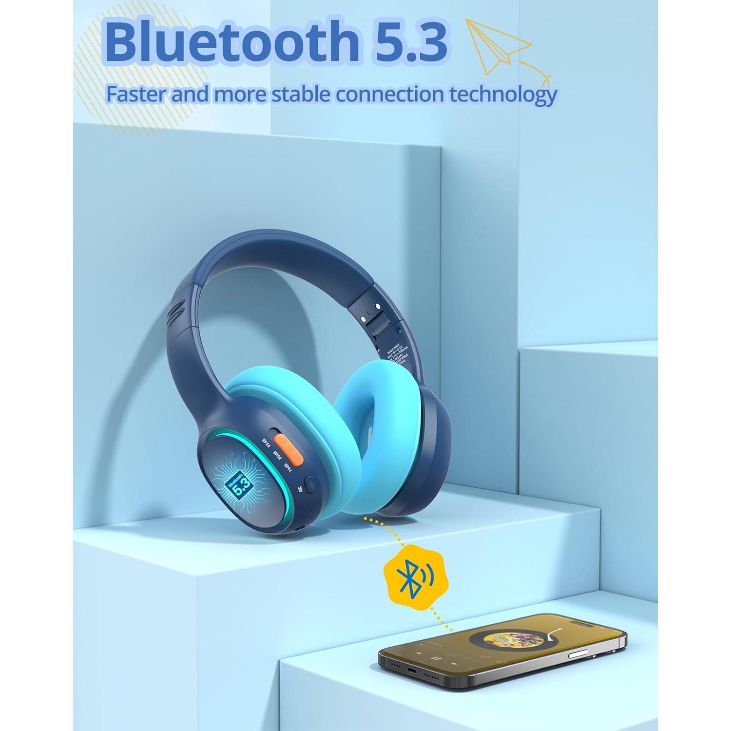 Tronsmart KH03 Kids Noise Cancelling Bluetooth Headphones, Safe Volume Control, Wireless Headphones with Light & Microphone, 70H Playtime, Built-in Audio Cable, for School/Travel/Airplane(Blue)