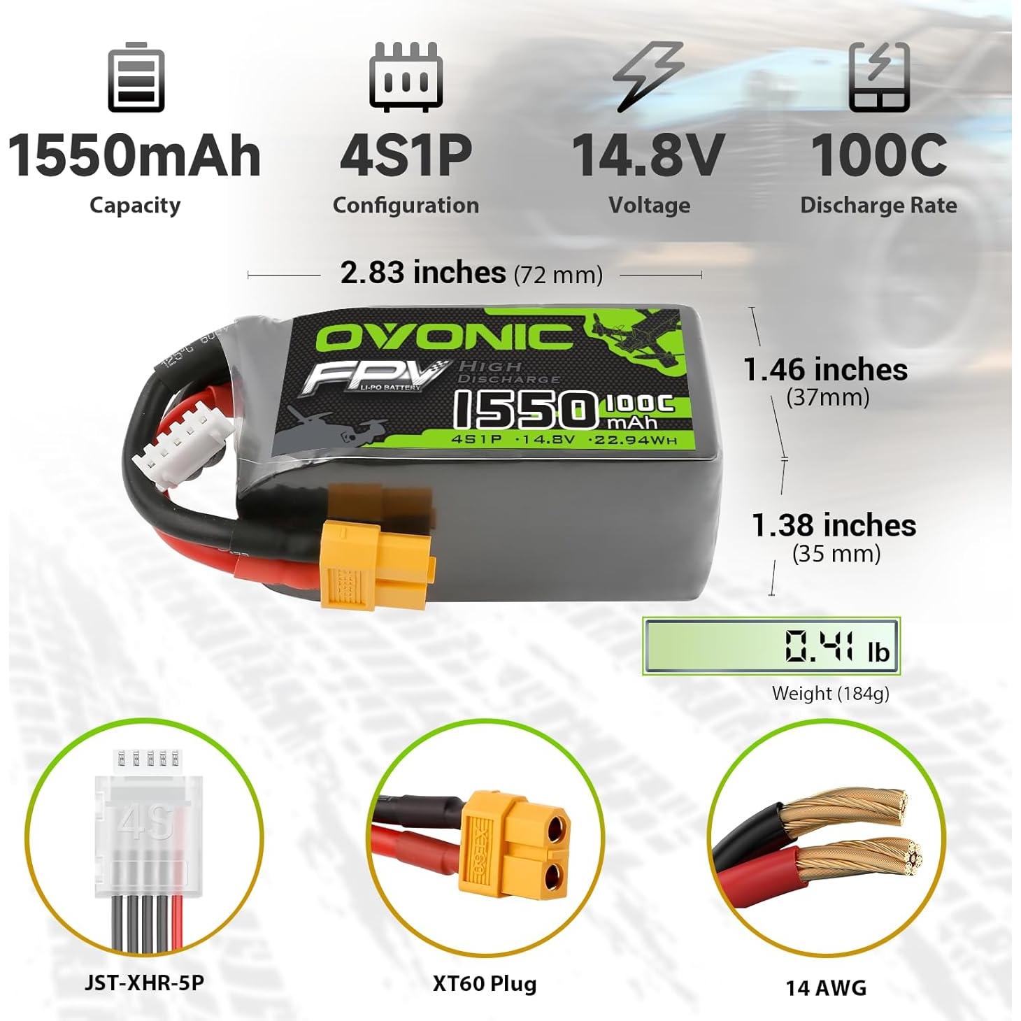 Batería Lipo OVONIC 4S 100C 1550mAh 14.8V XT60 para Dron FPV