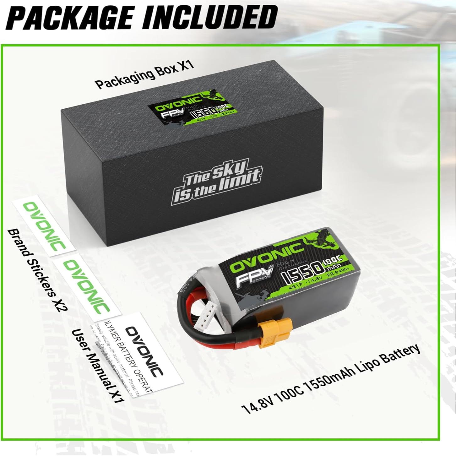 Batería Lipo OVONIC 4S 100C 1550mAh 14.8V XT60 para Dron FPV