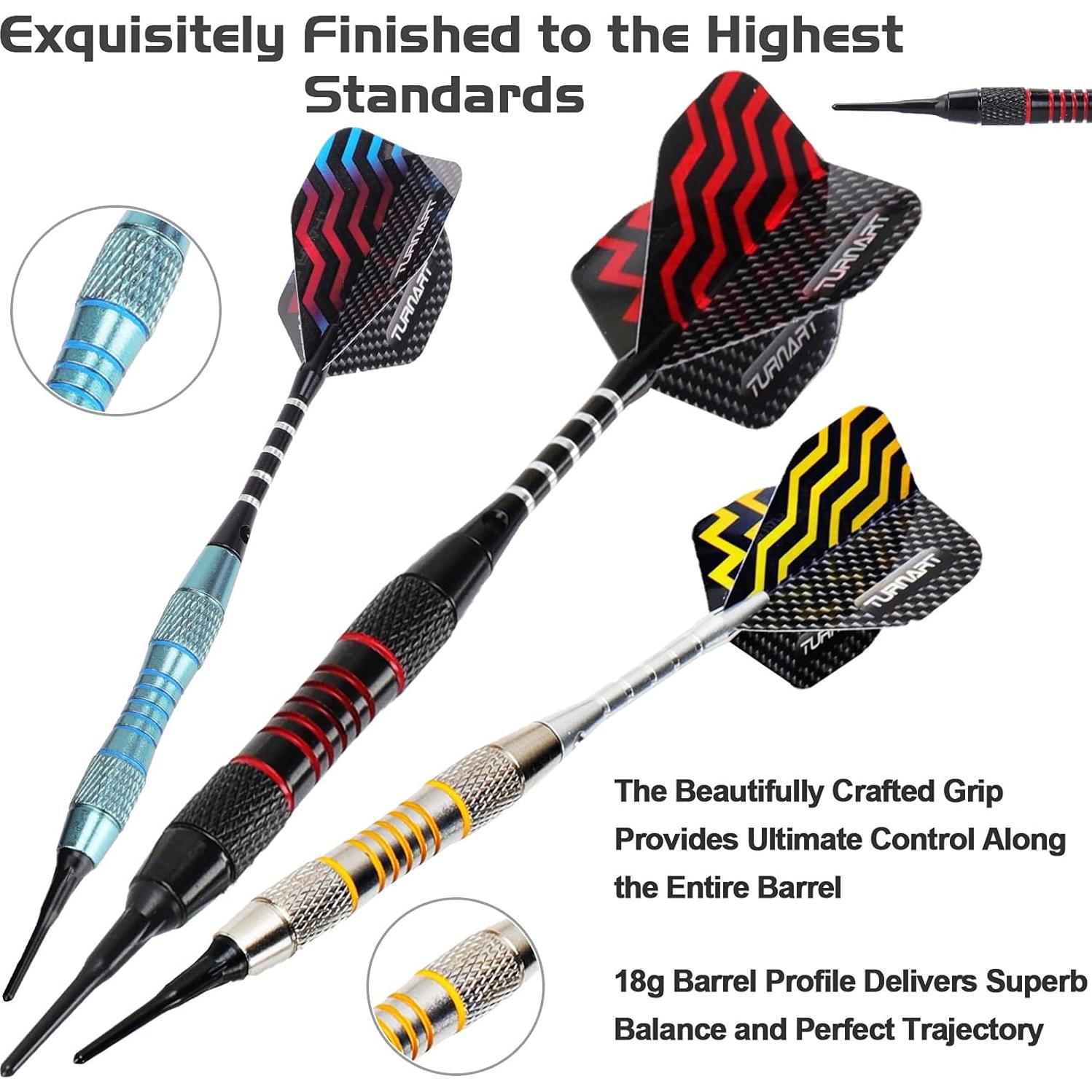 Turnart Darts Plastic Tip - Professional Soft Tip Darts Set for Electronic Dartboard 9 Pcs 18 Grams with 50 Extra Tips 9 Shafts 27 Flights Tool Kit Flight Protectors and Gift Darts Case