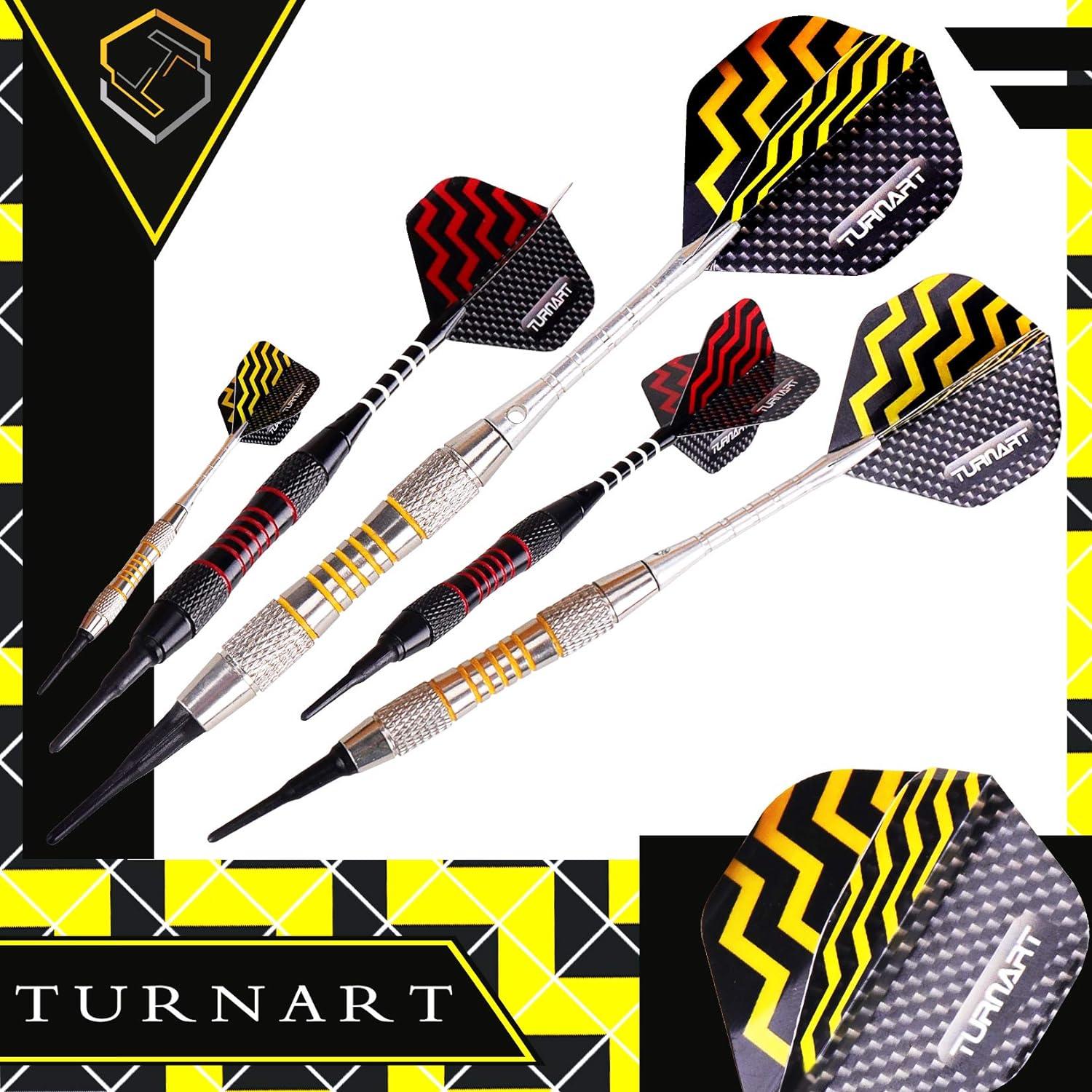 Turnart Darts Plastic Tip - Professional Soft Tip Darts Set for Electronic Dartboard 9 Pcs 18 Grams with 50 Extra Tips 9 Shafts 27 Flights Tool Kit Flight Protectors and Gift Darts Case