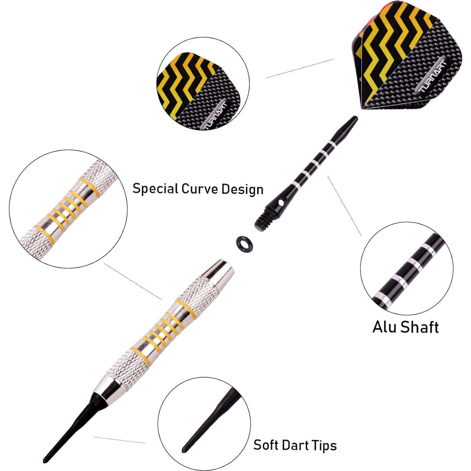 Turnart Darts Plastic Tip - Professional Soft Tip Darts Set for Electronic Dartboard 9 Pcs 18 Grams with 50 Extra Tips 9 Shafts 27 Flights Tool Kit Flight Protectors and Gift Darts Case