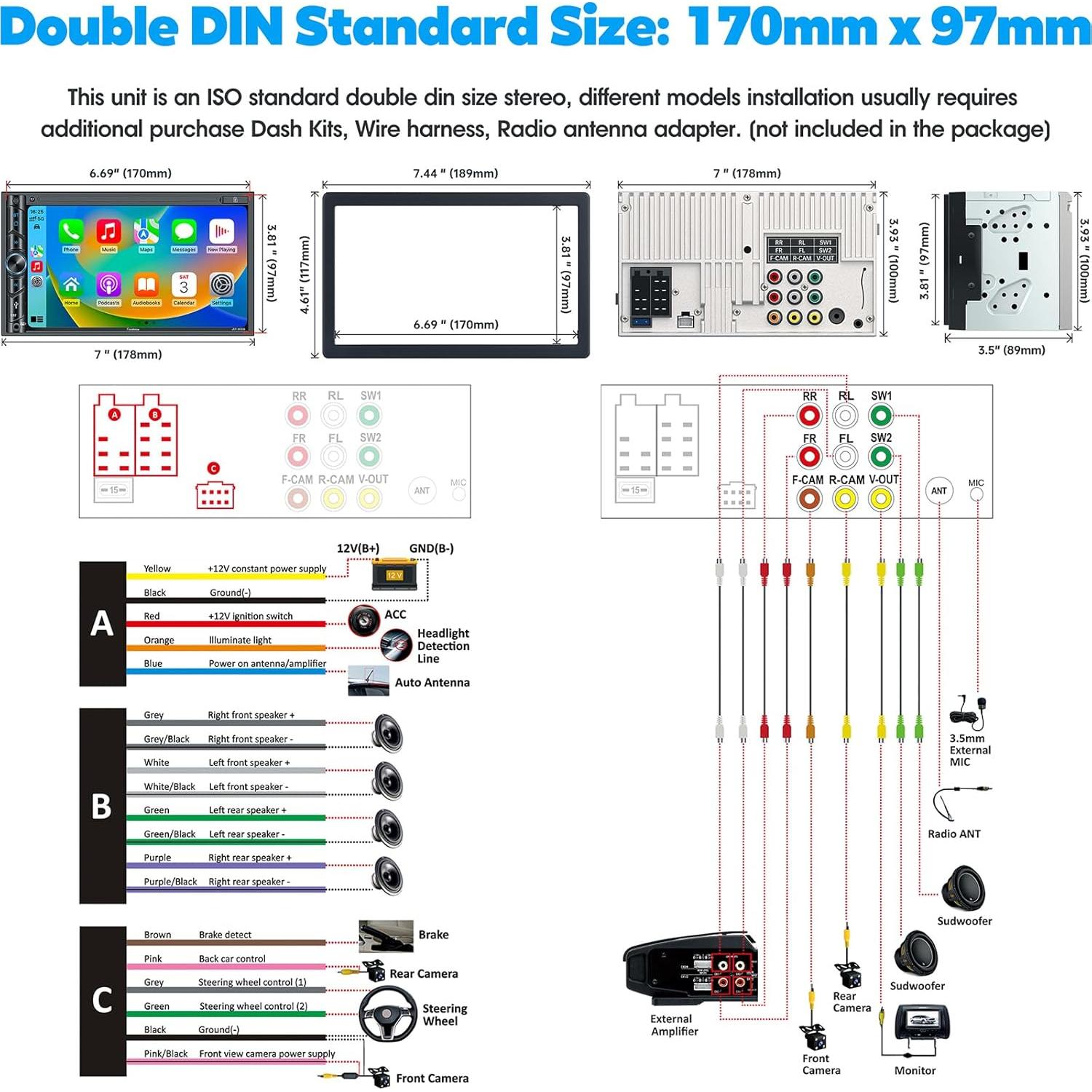Estéreo de Coche Doble Din SJOYBRING con Carplay y Android Auto