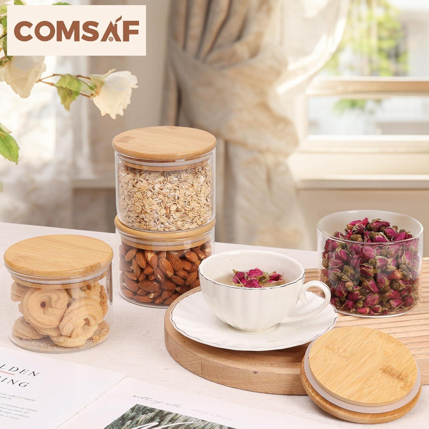 ComSaf 15oz Glass Food Storage Jars Set of 6, Clear Glass Storage Containers with Lids, Pantry Organization Jar, Spice, Blooming Tea, Coffee, Cookie and Sugar Container, Small jar Set for Kitchen