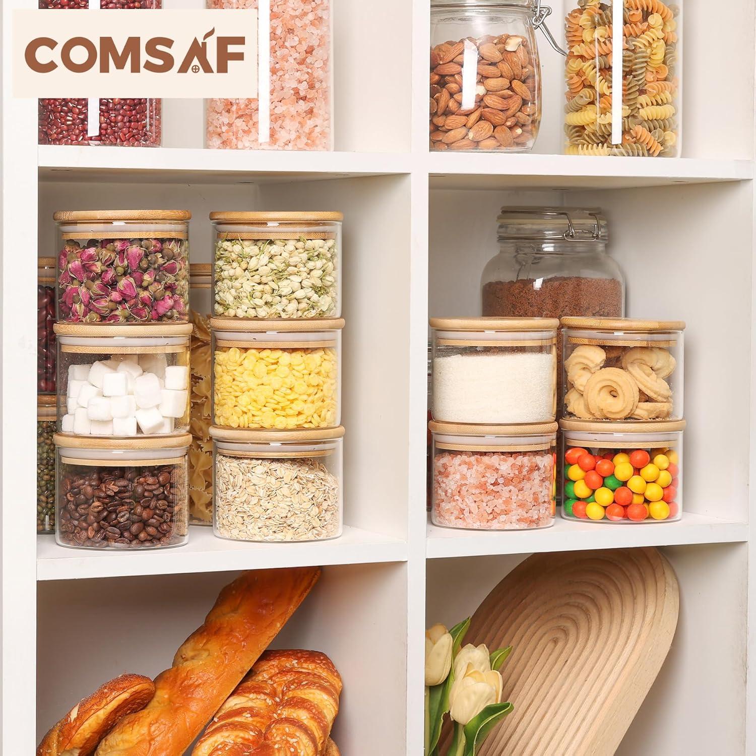 ComSaf 15oz Glass Food Storage Jars Set of 6, Clear Glass Storage Containers with Lids, Pantry Organization Jar, Spice, Blooming Tea, Coffee, Cookie and Sugar Container, Small jar Set for Kitchen