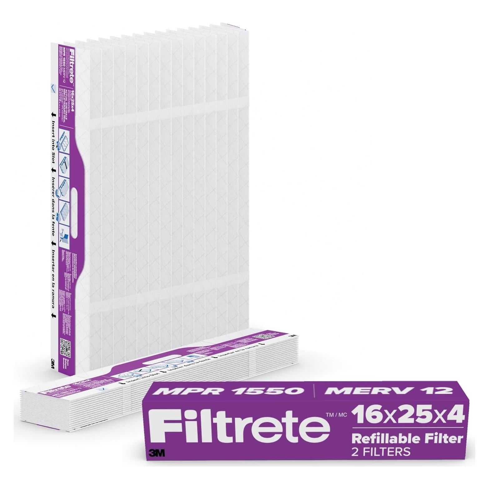 Filtrete 16x25x4 Refillable Air Filter replacement, MPR 1550, MERV 12, Allergen Bacteria & Virus, 2 Pack, use with reusable air filter frame of Filtrete Refillable Air Filter Kit, for HVAC, Furnace