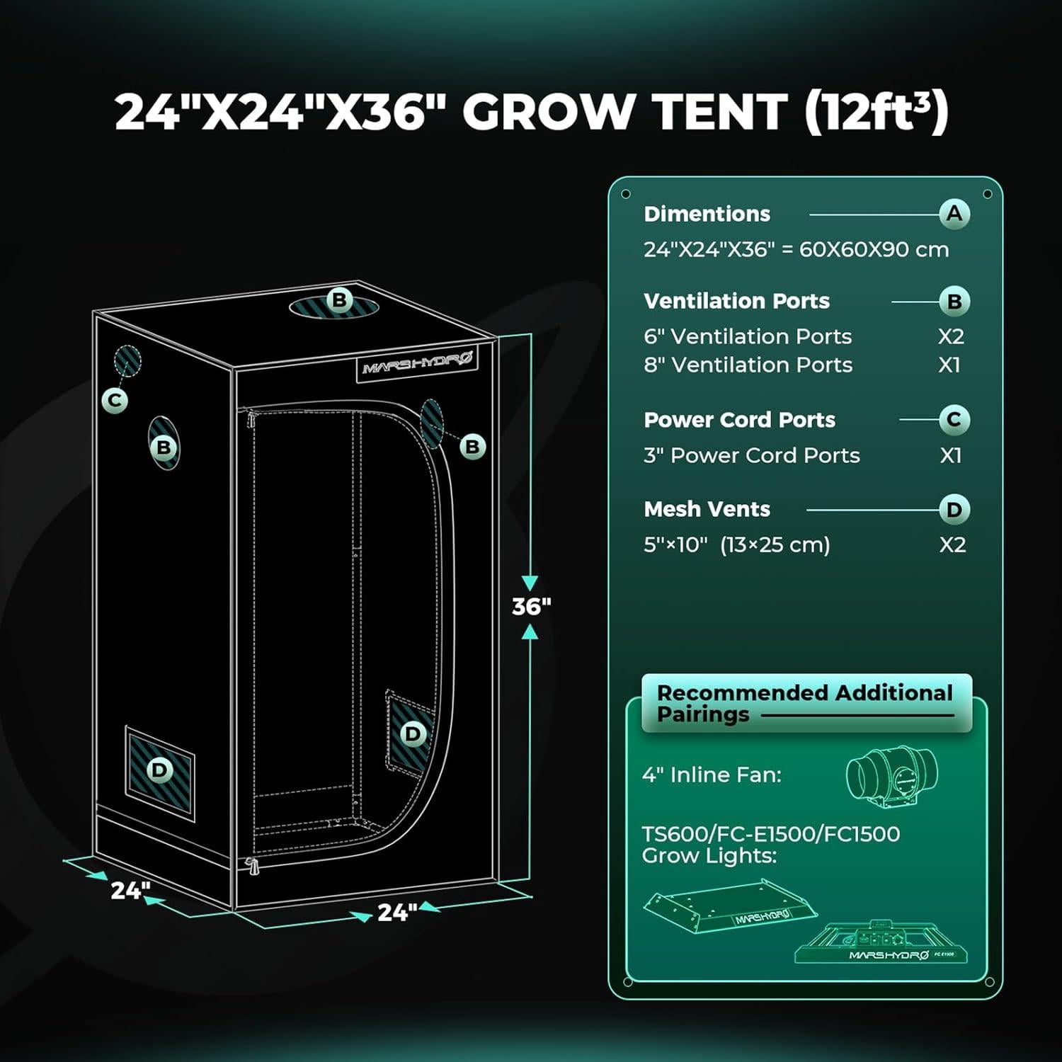 Carpa de Cultivo MARS HYDRO 60x60x90 cm Mylar 1680D para Hidroponía