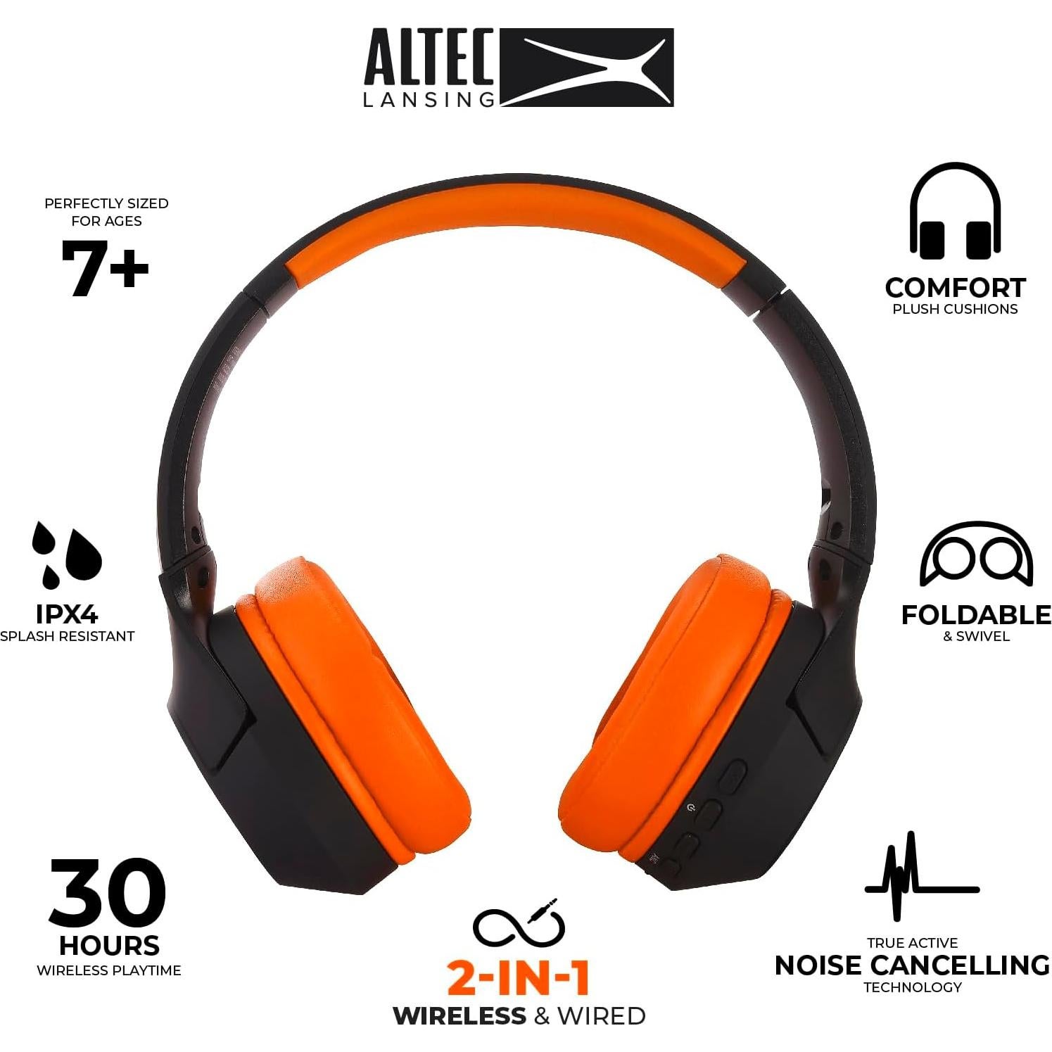 Altec Lansing Kid Safe Noise Cancelling Wireless Headphones 15H Battery, 85dB Volume Limit, Foldable Design Powerful Sound, Active Noise Cancellation Perfect for Kids Ages 7+