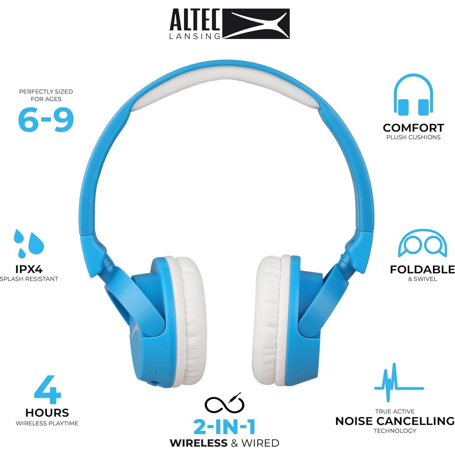 Altec Lansing Kid Safe 2-in-1 Bluetooth and Wired Headphones, Noise Cancelling, Volume Control, Wireless, Foldable Design (Blue)