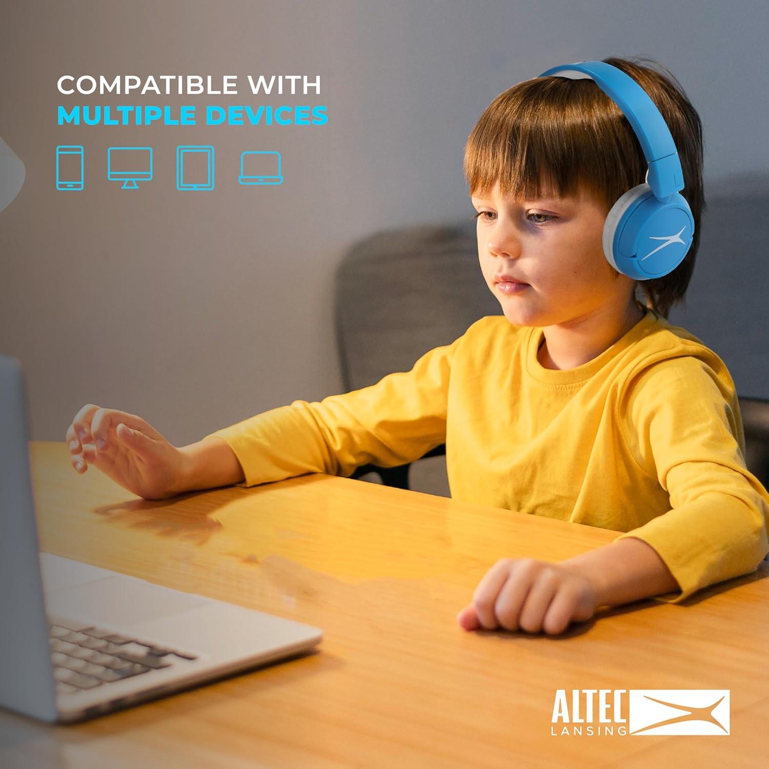Altec Lansing Kid Safe 2-in-1 Bluetooth and Wired Headphones, Noise Cancelling, Volume Control, Wireless, Foldable Design (Blue)