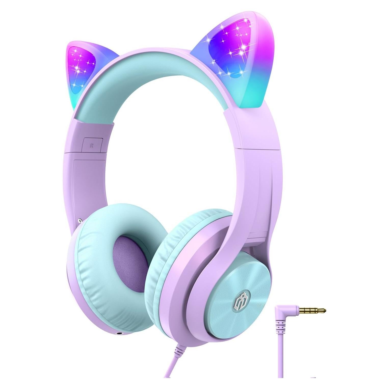 Auriculares iClever para Niños Meow Lila con Luz LED y Volumen Seguro