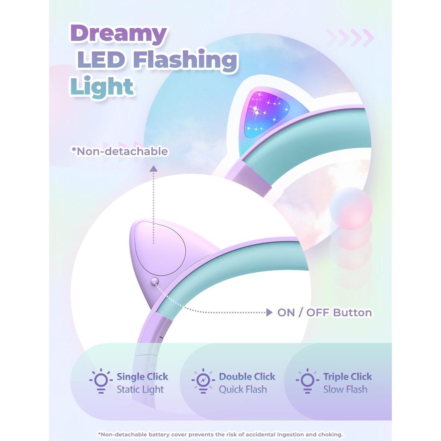 Auriculares iClever para Niños Meow Lila con Luz LED y Volumen Seguro